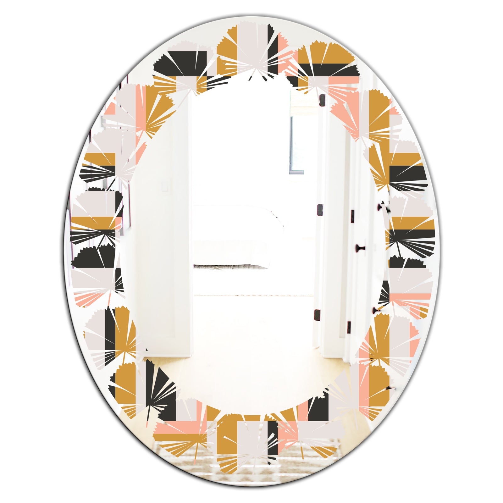 Abstract Retro Geometric IX - Modern Round or Oval Wall Mirror - Leaves