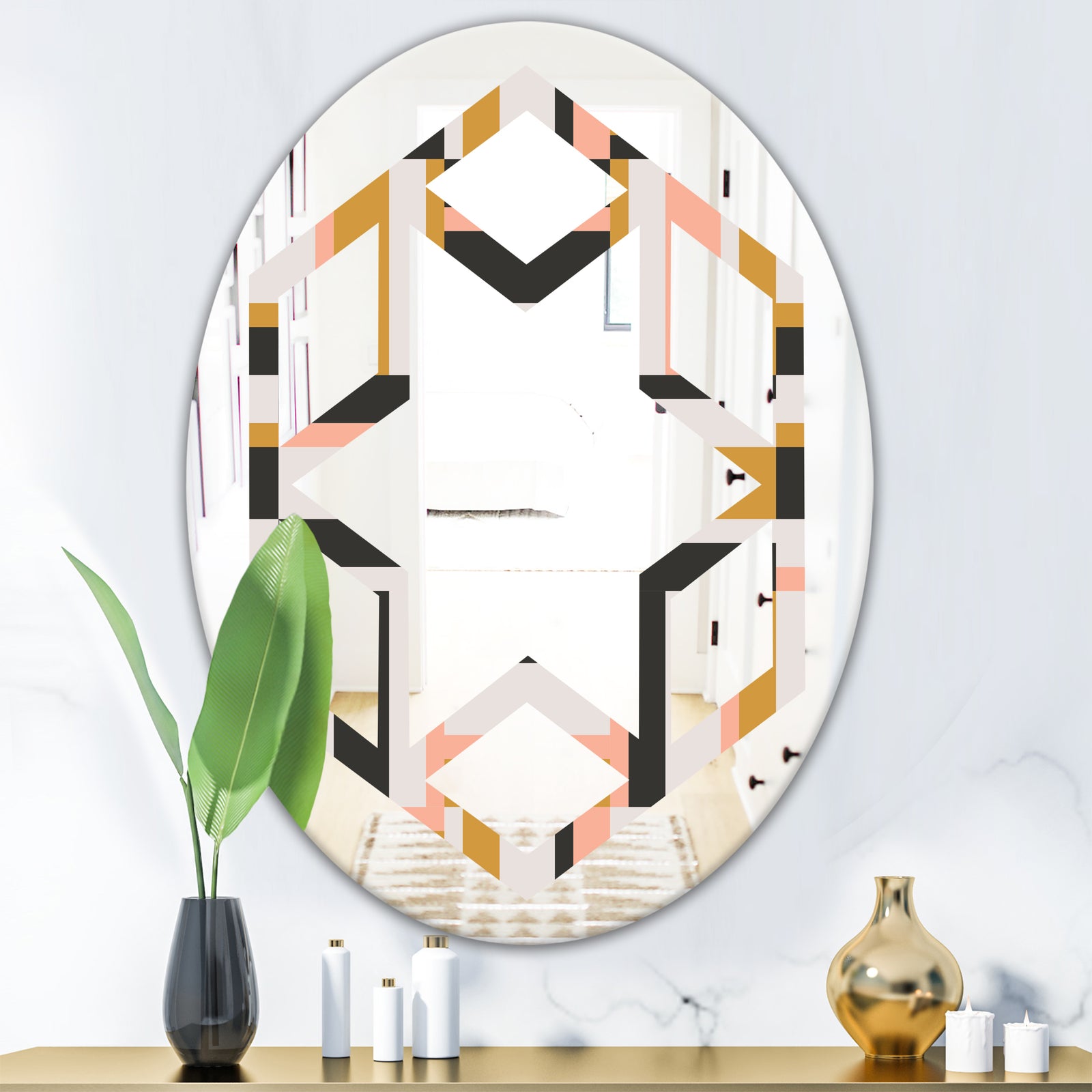 Abstract Retro Geometric IX - Modern Round or Oval Wall Mirror - Hexagon Star