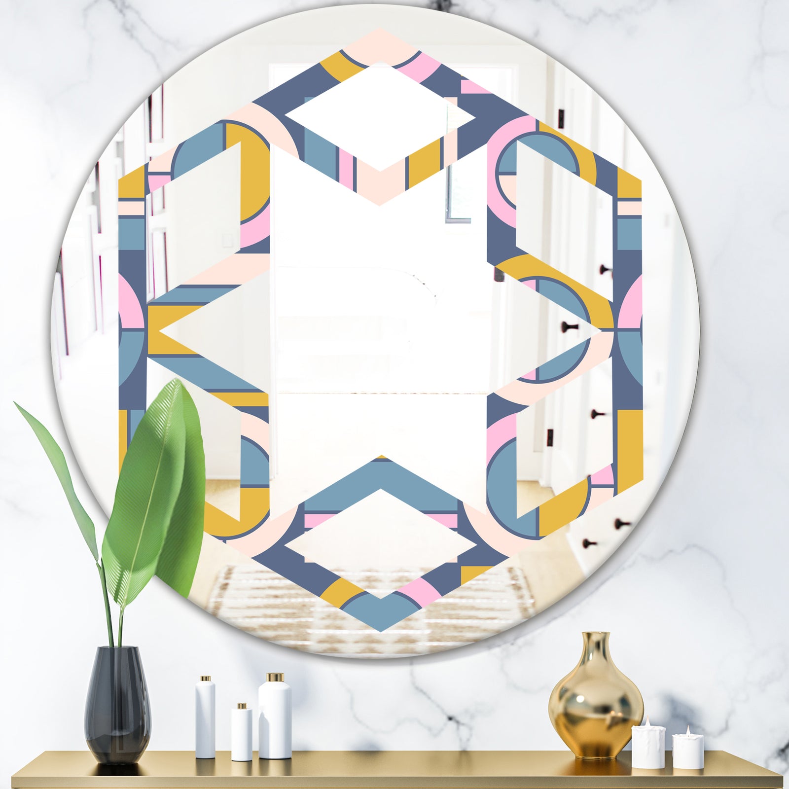Retro Circular Design I - Modern Round or Oval Wall Mirror - Hexagon Star