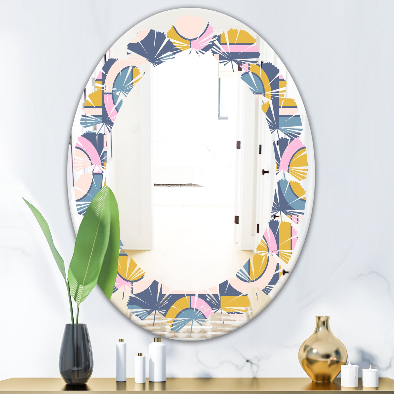 Retro Circular Design I - Modern Round or Oval Wall Mirror - Leaves