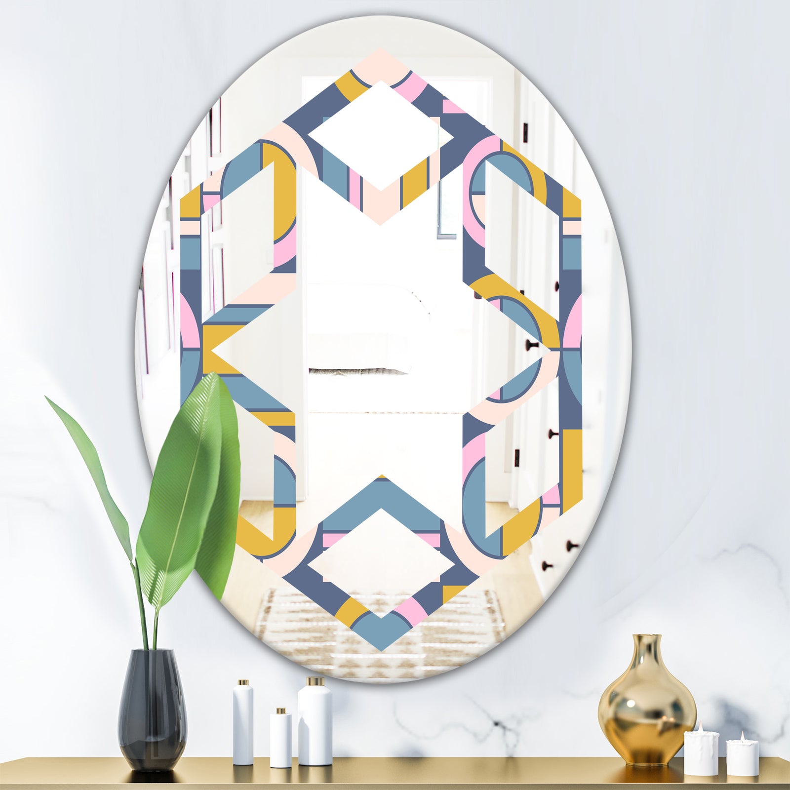Retro Circular Design I - Modern Round or Oval Wall Mirror - Hexagon Star