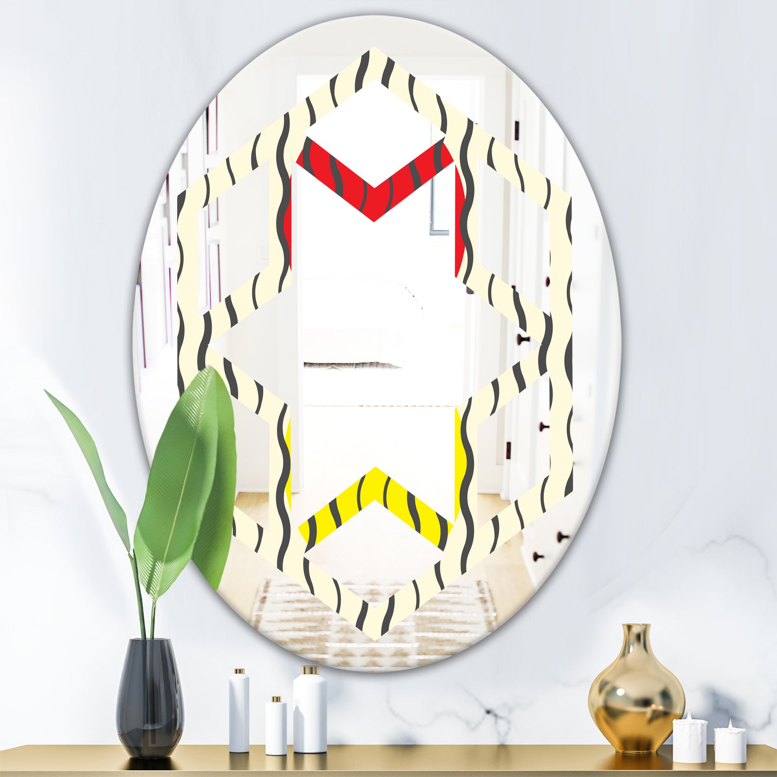 Wave Pattern - Modern Round or Oval Wall Mirror - Hexagon Star