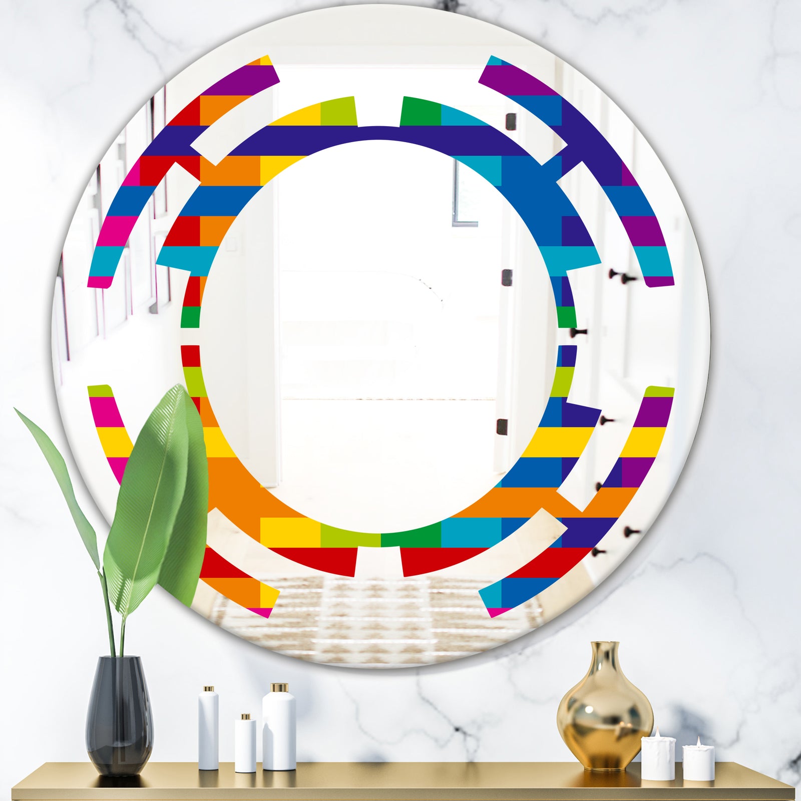 Rainbow colors simple geometric pattern. - Modern Round or Oval Wall Mirror - Space