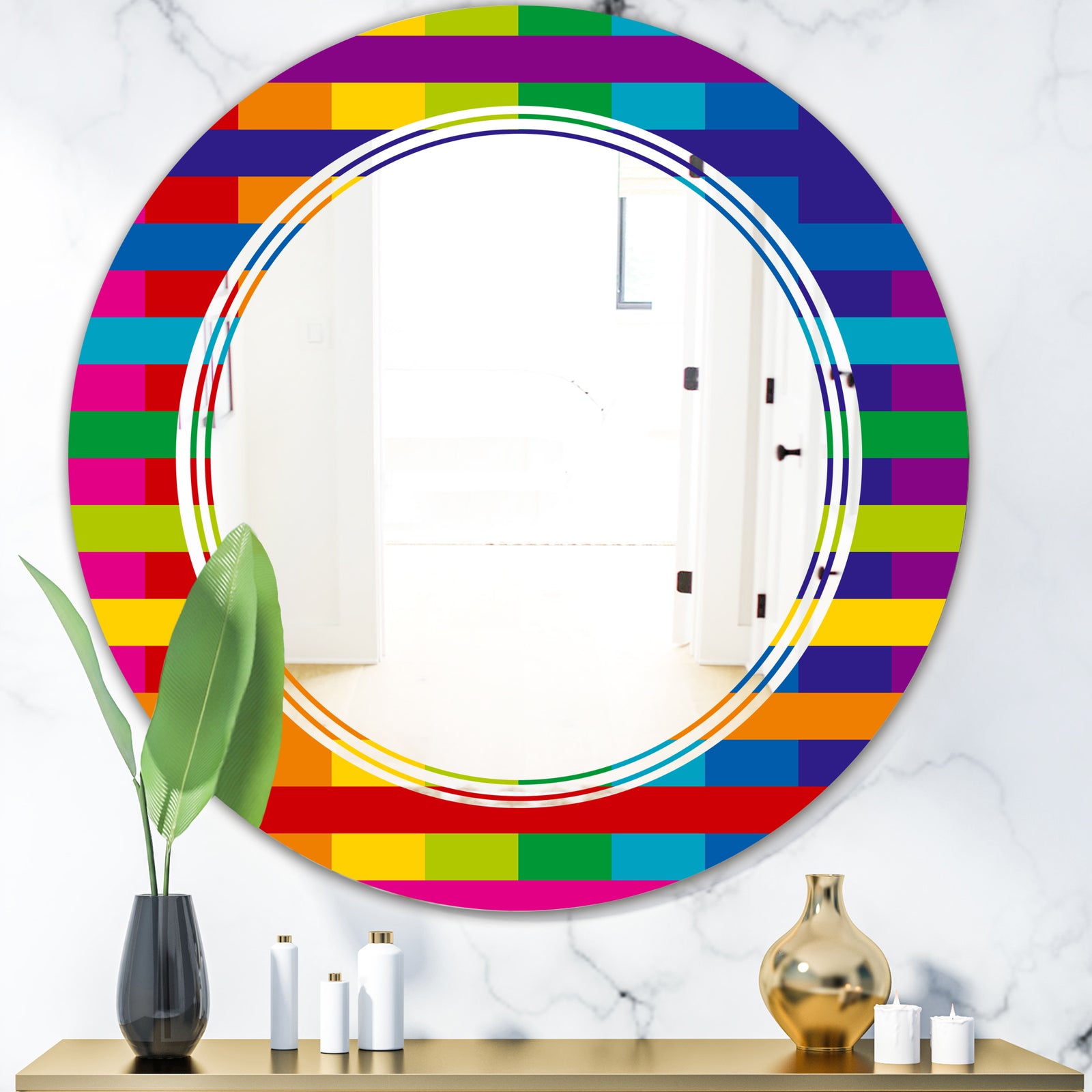 Rainbow colors simple geometric pattern. - Modern Round or Oval Wall Mirror - Triple C