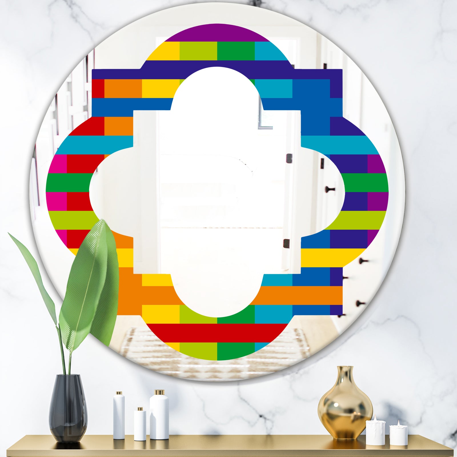 Rainbow colors simple geometric pattern. - Modern Round or Oval Wall Mirror - Quatrefoil