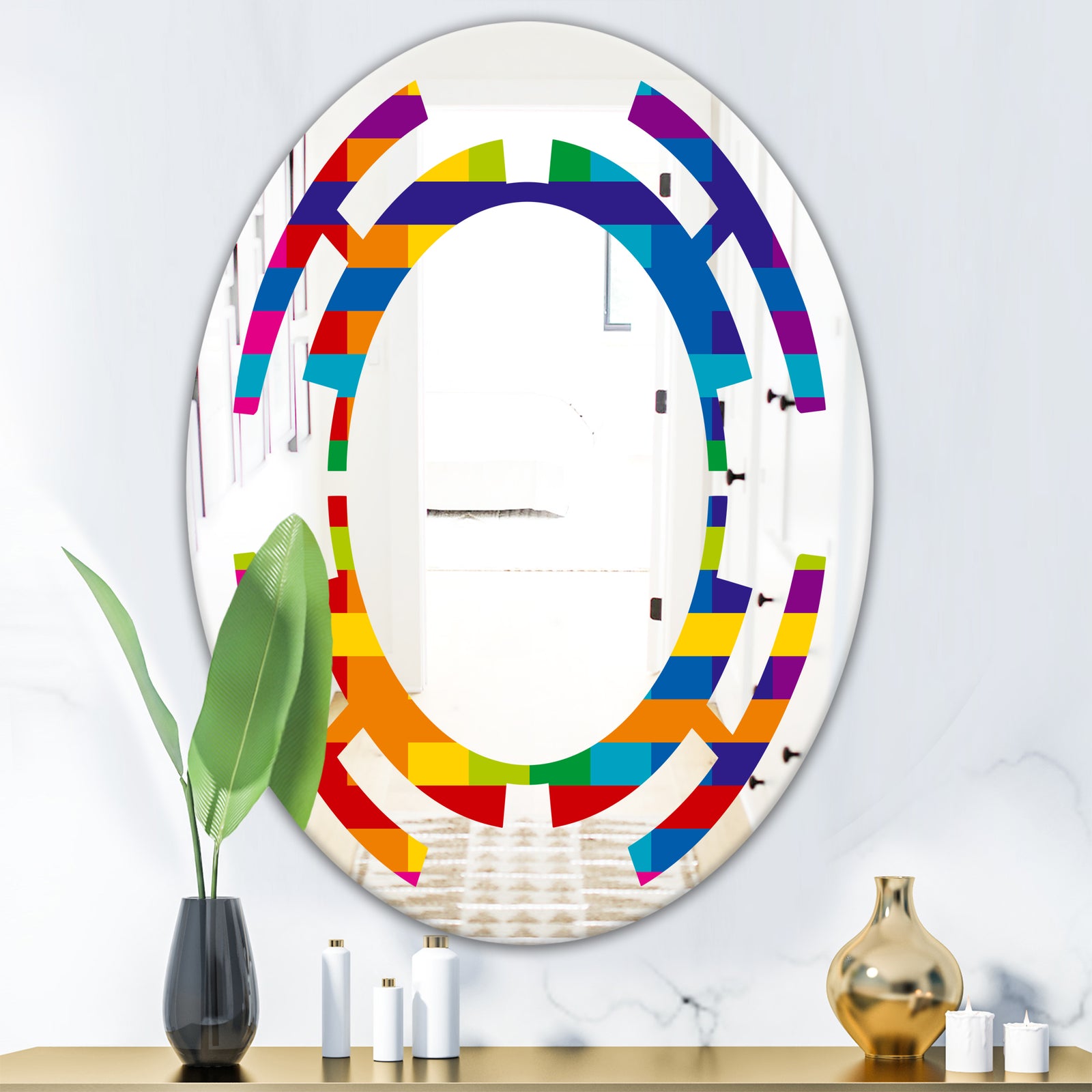 Rainbow colors simple geometric pattern. - Modern Round or Oval Wall Mirror - Space