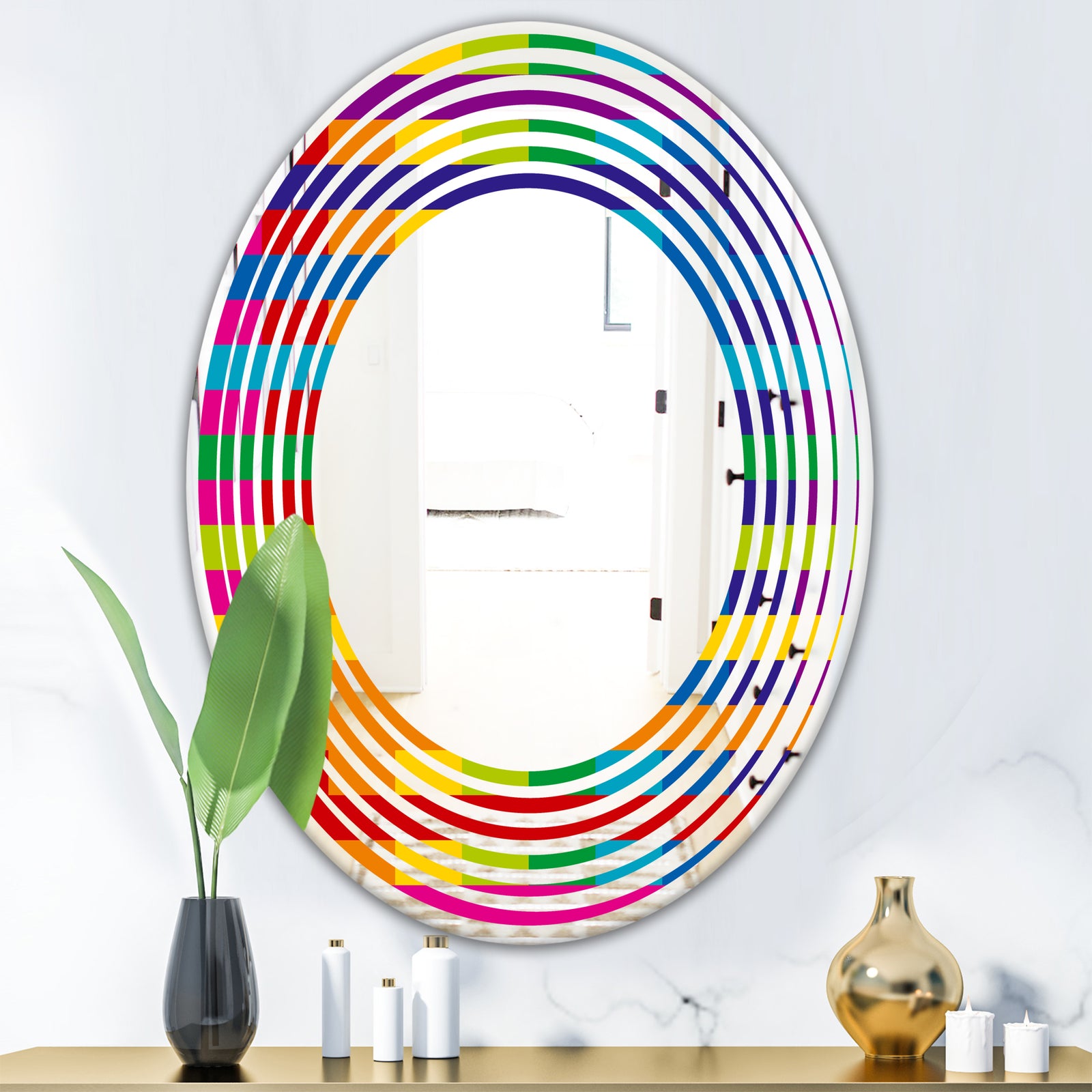 Rainbow colors simple geometric pattern. - Modern Round or Oval Wall Mirror - Wave