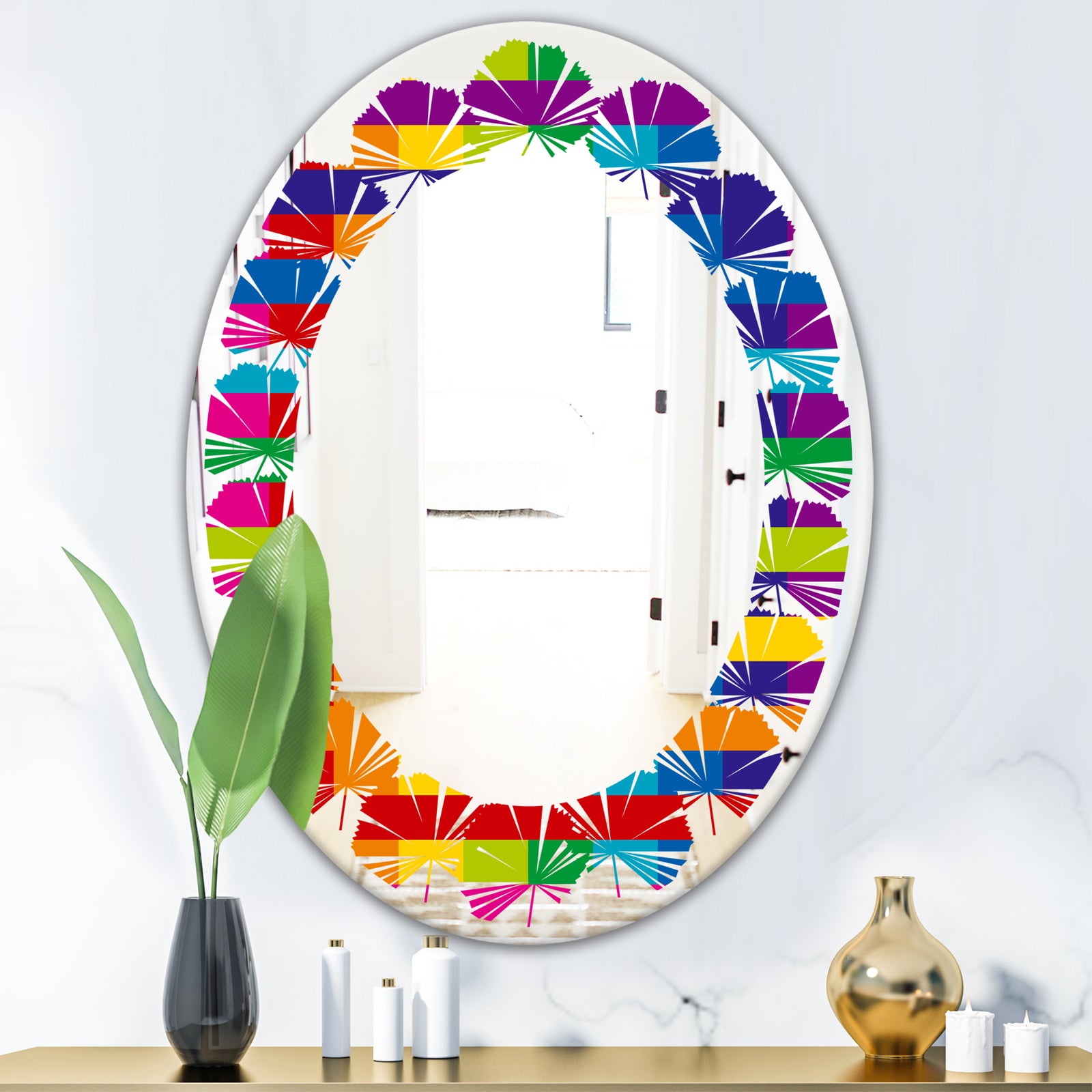 Rainbow colors simple geometric pattern. - Modern Round or Oval Wall Mirror - Leaves