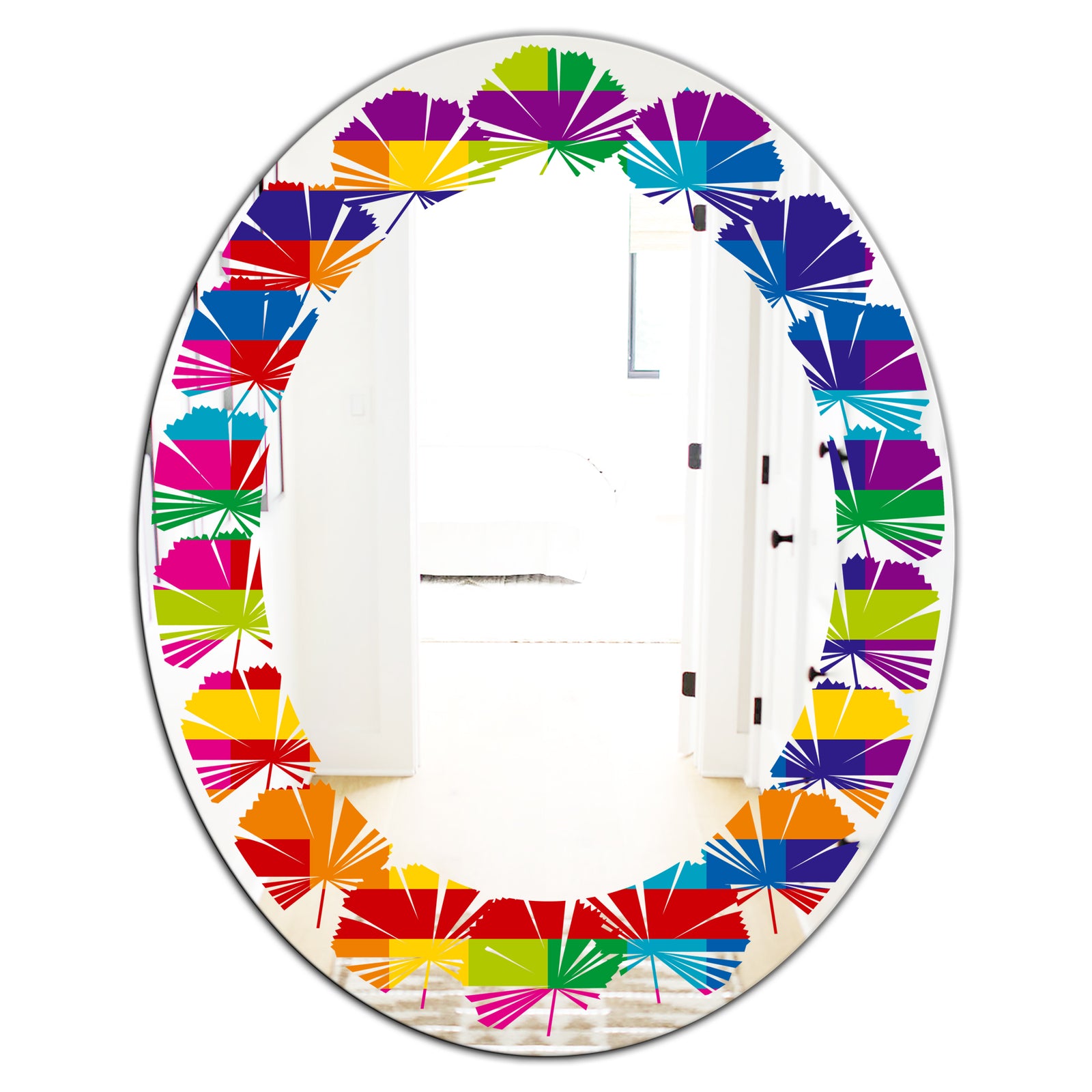 Rainbow colors simple geometric pattern. - Modern Round or Oval Wall Mirror - Leaves