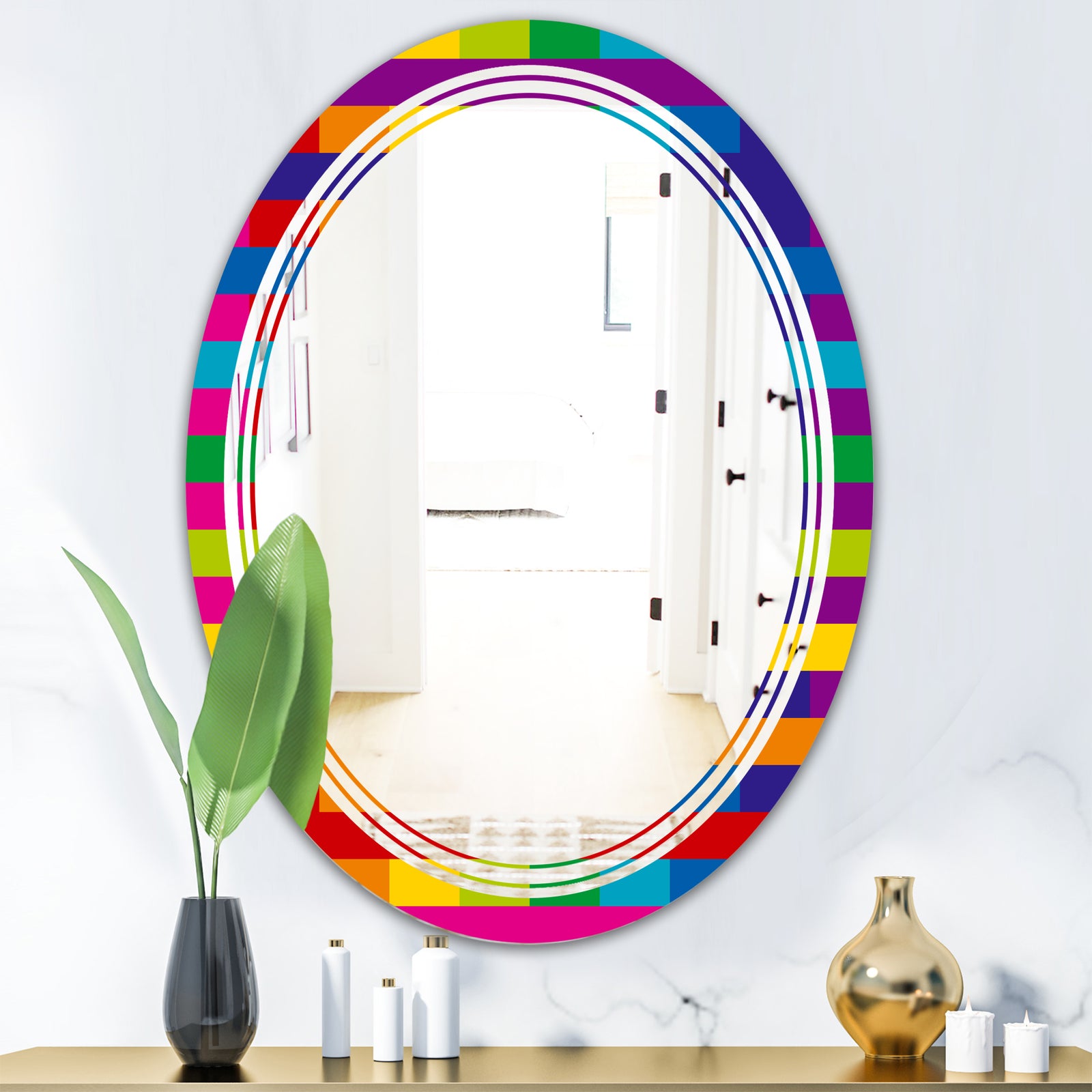 Rainbow colors simple geometric pattern. - Modern Round or Oval Wall Mirror - Triple C