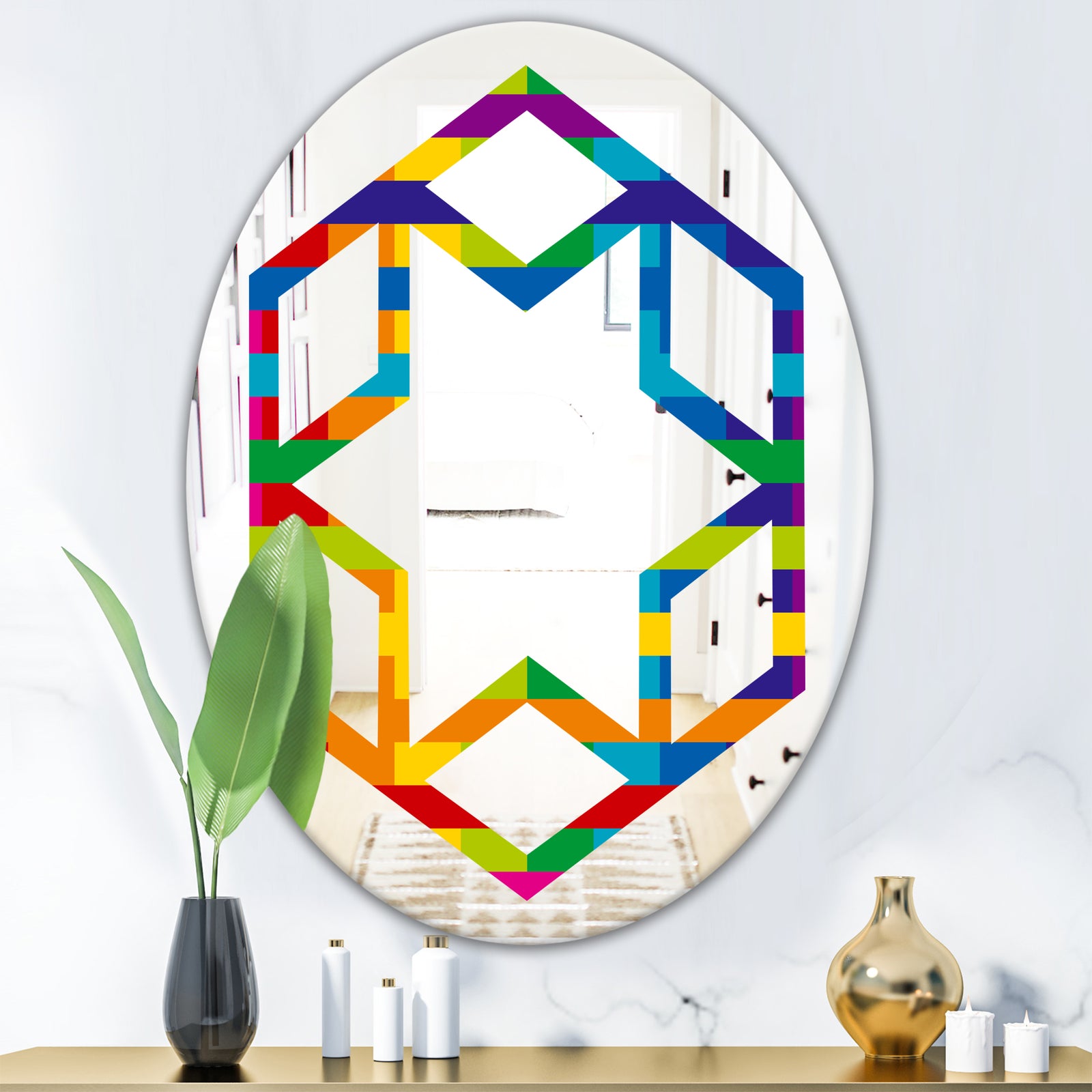 Rainbow colors simple geometric pattern. - Modern Round or Oval Wall Mirror - Hexagon Star