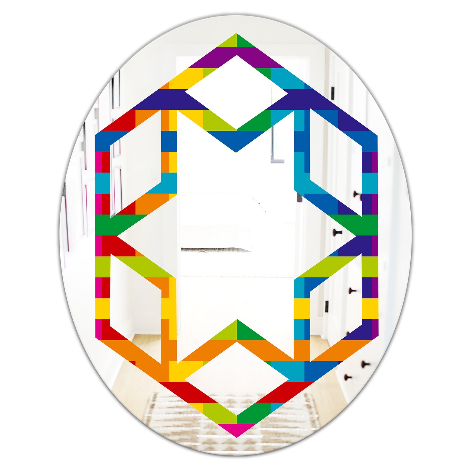 Rainbow colors simple geometric pattern. - Modern Round or Oval Wall Mirror - Hexagon Star