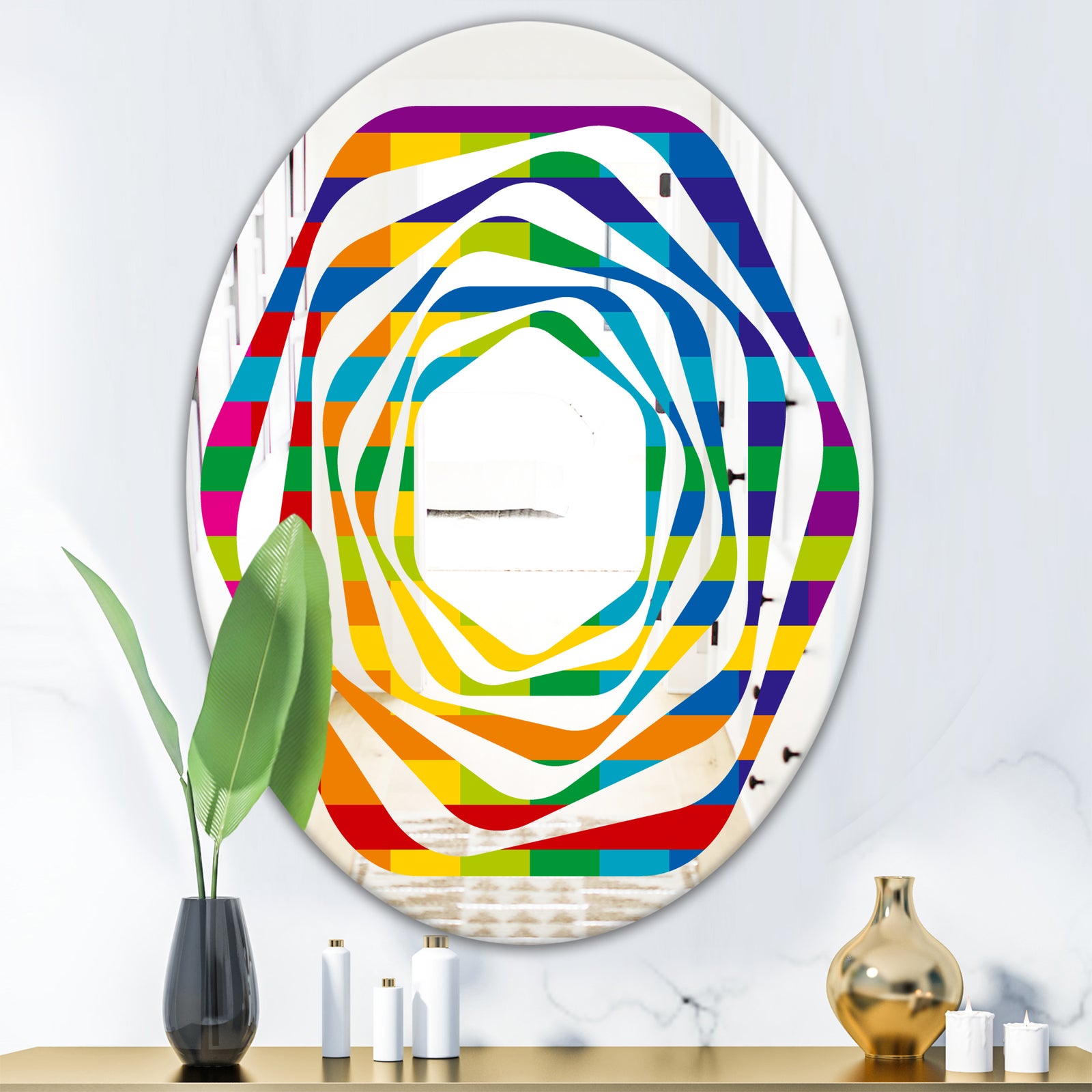 Rainbow colors simple geometric pattern. - Modern Round or Oval Wall Mirror - Whirl