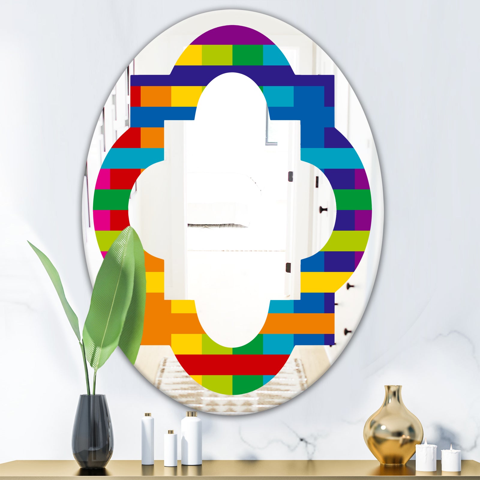 Rainbow colors simple geometric pattern. - Modern Round or Oval Wall Mirror - Quatrefoil