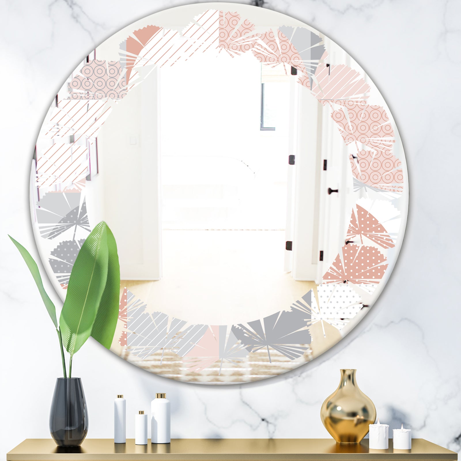 Round geometric textured pattern - Modern Round or Oval Wall Mirror - Leaves