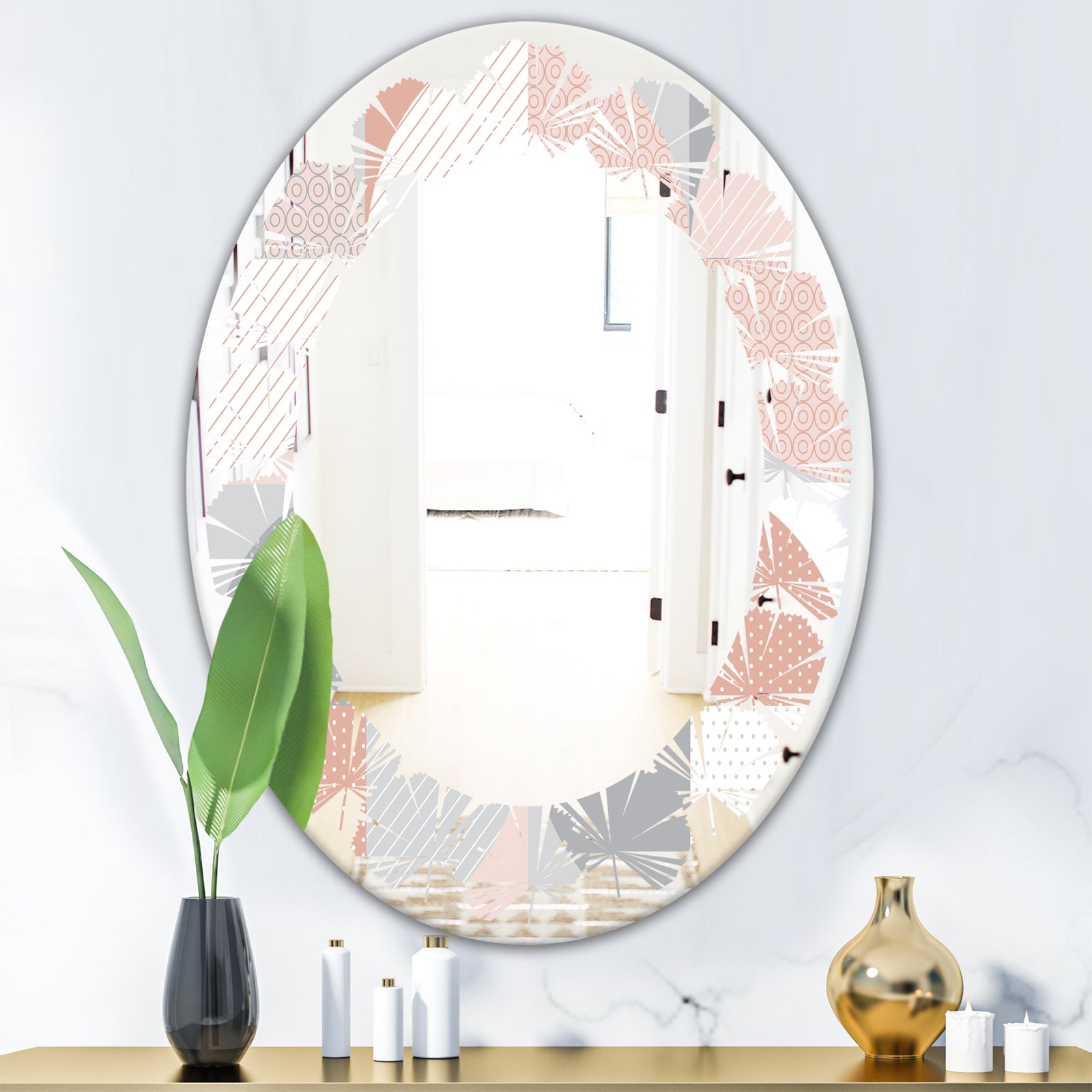 Round geometric textured pattern - Modern Round or Oval Wall Mirror - Leaves