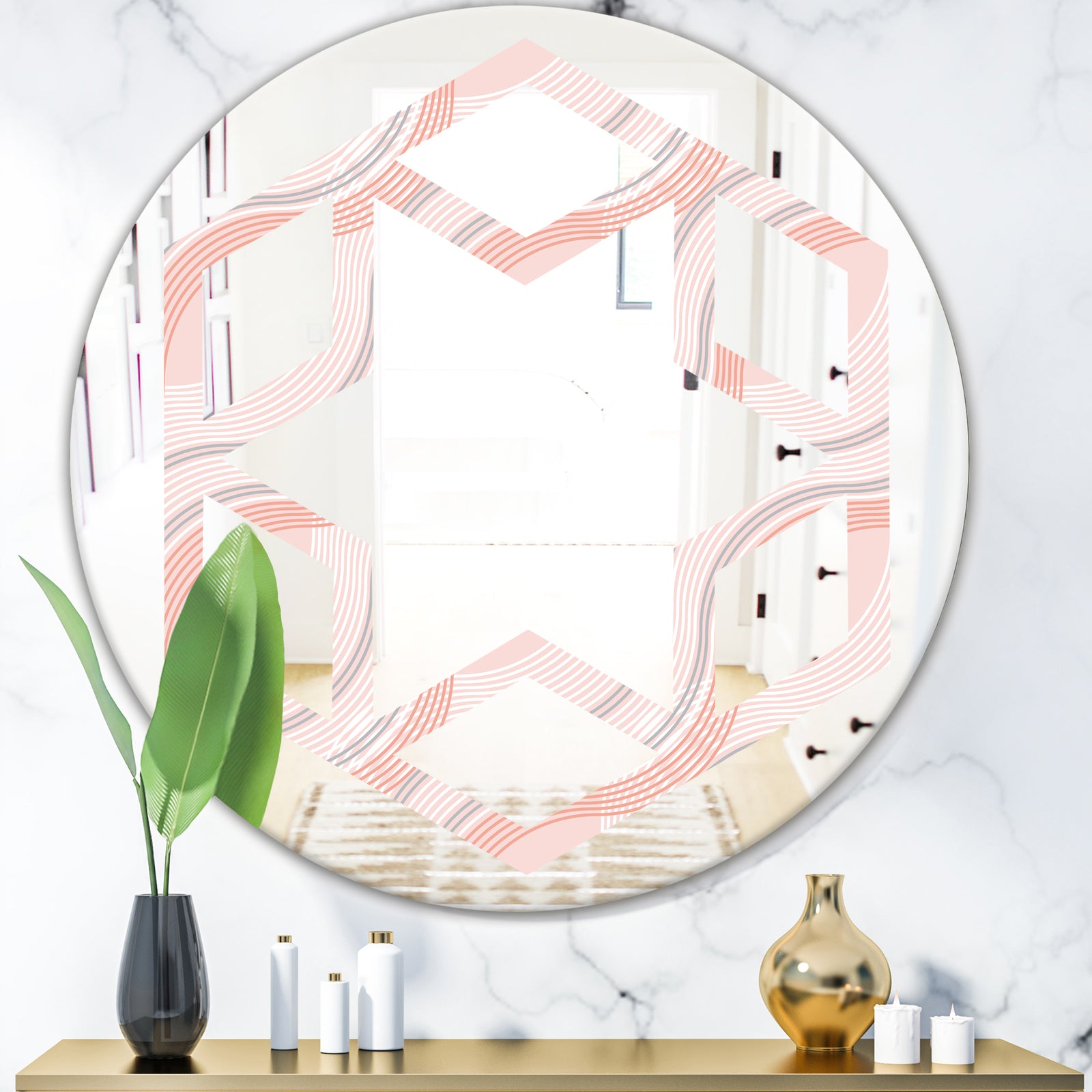 Pink Elegant Pastel Waves - Modern Round or Oval Wall Mirror - Hexagon Star