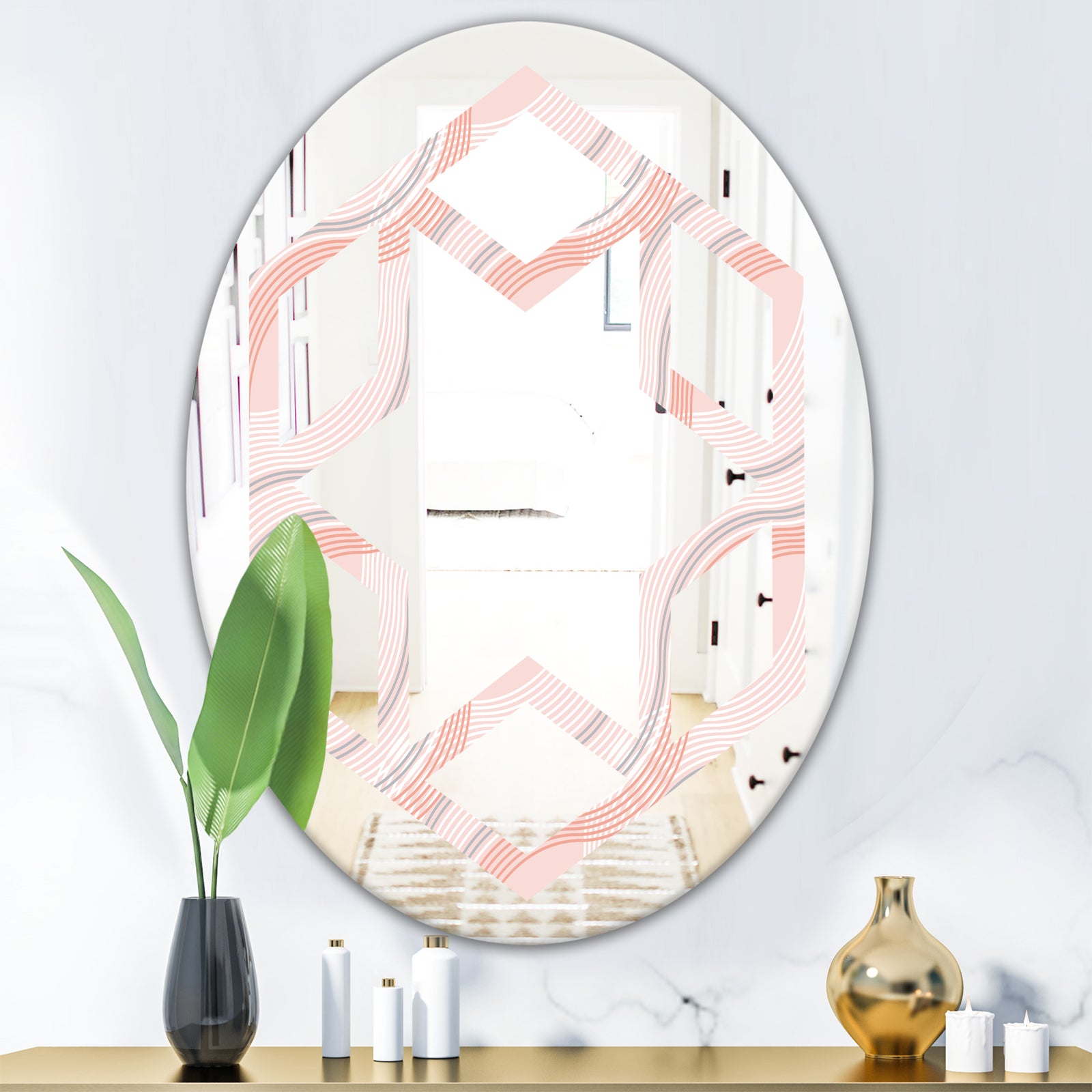 Pink Elegant Pastel Waves - Modern Round or Oval Wall Mirror - Hexagon Star