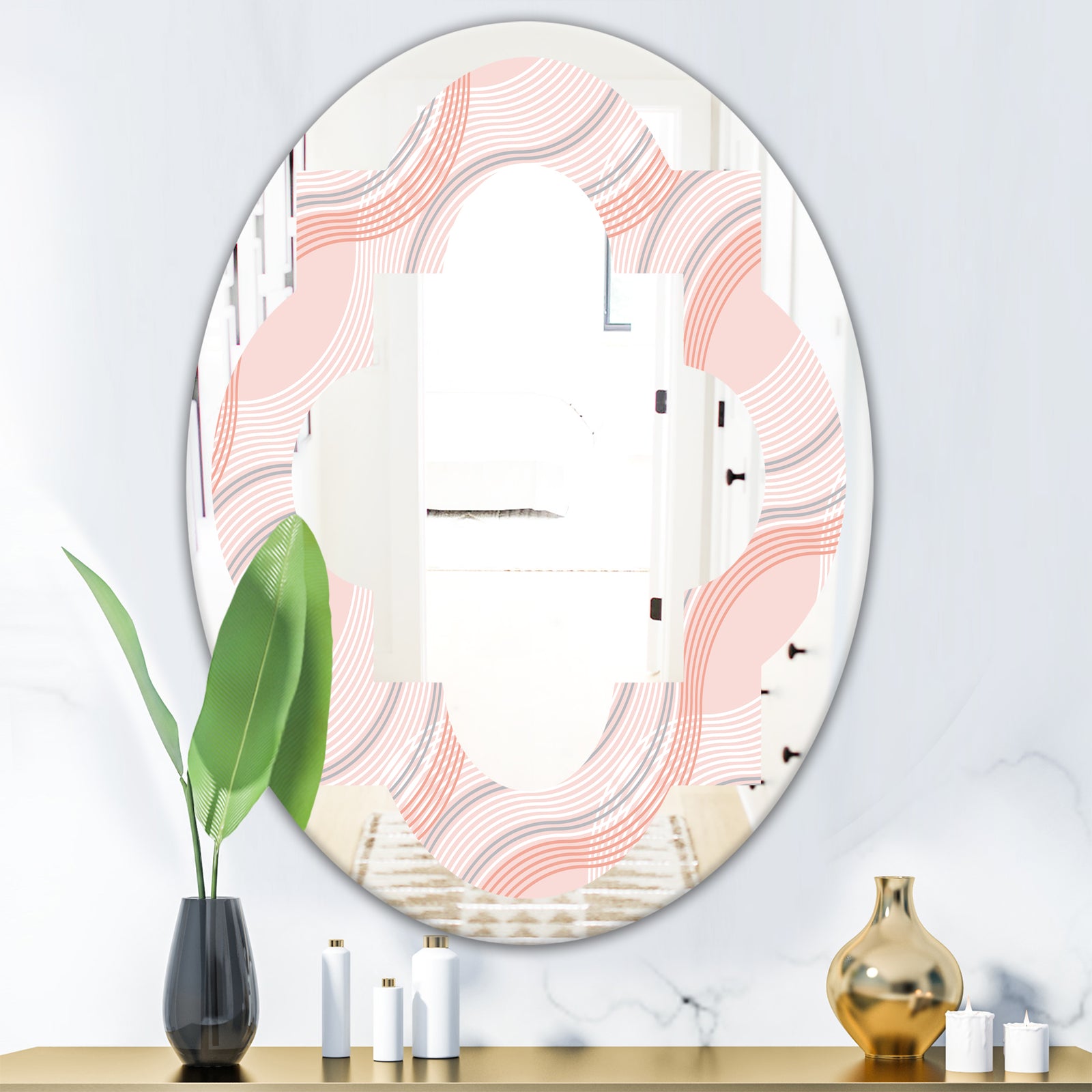 Pink Elegant Pastel Waves - Modern Round or Oval Wall Mirror - Quatrefoil