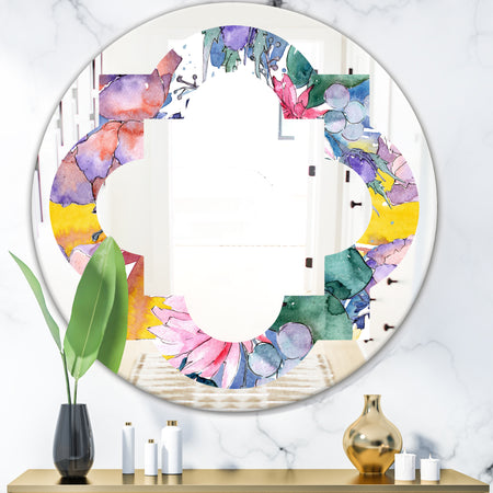 Retro Floral Botanical V - Cottage Round or Oval Wall Mirror - Quatrefoil