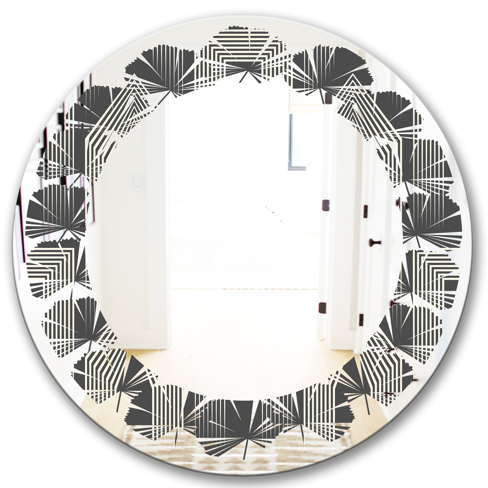 Mimimal Black and White Design III - Modern Round or Oval Wall Mirror - Leaves