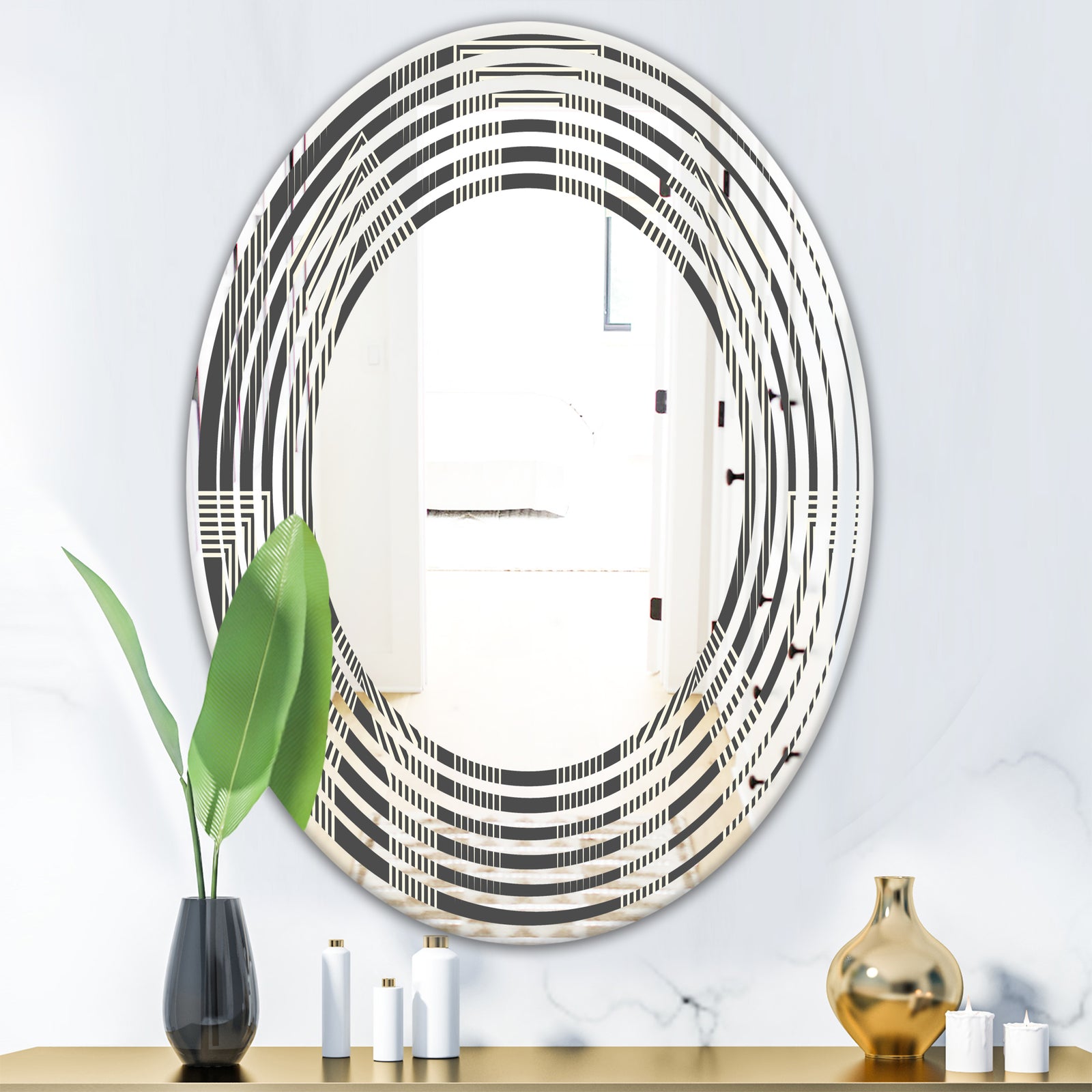 Mimimal Black and White Design III - Modern Round or Oval Wall Mirror - Wave