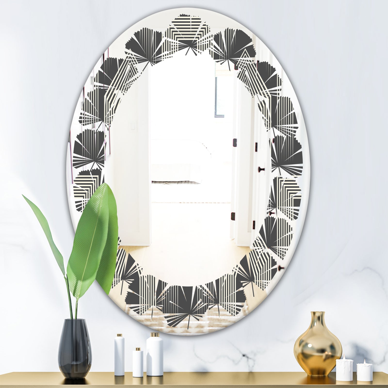 Mimimal Black and White Design III - Modern Round or Oval Wall Mirror - Leaves