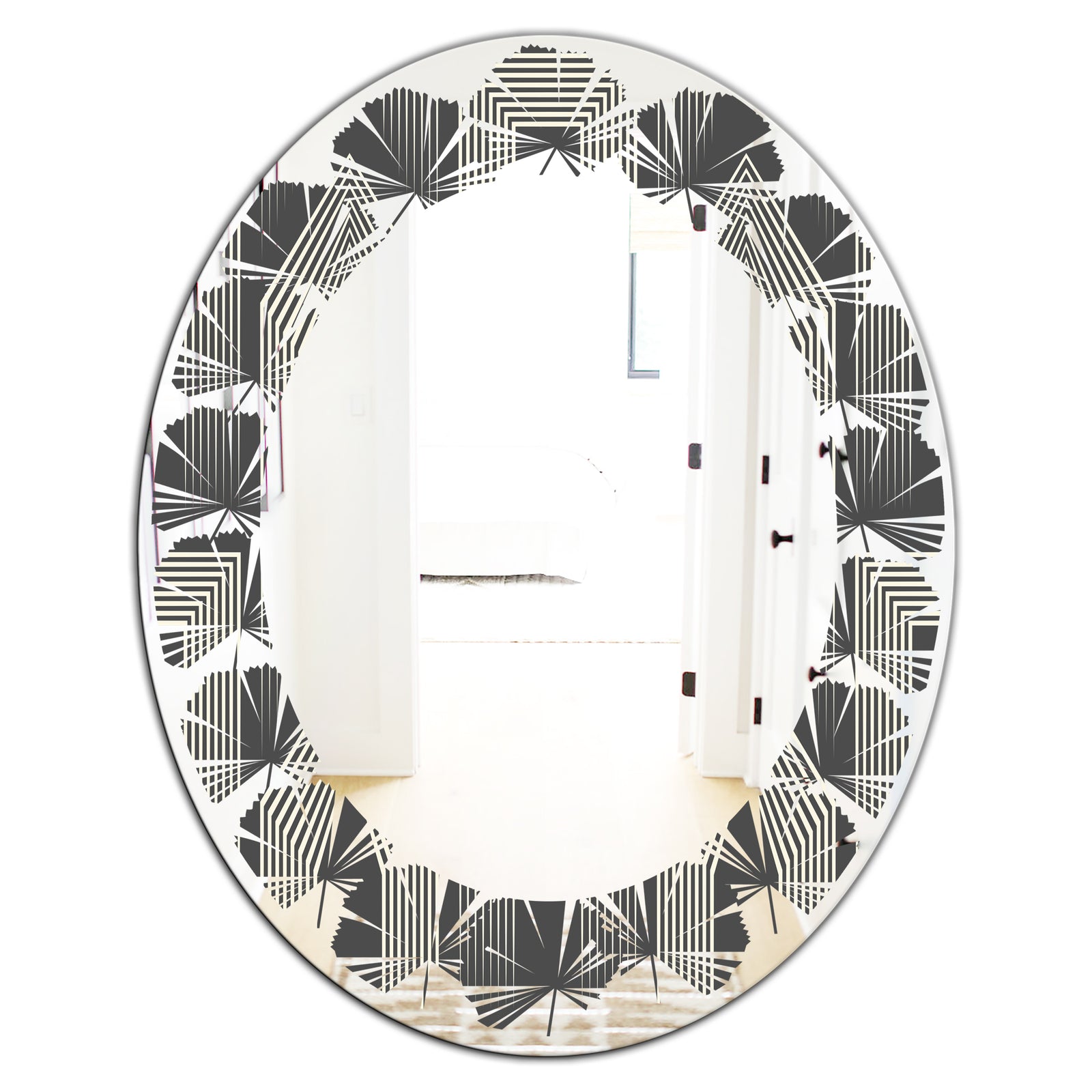 Mimimal Black and White Design III - Modern Round or Oval Wall Mirror - Leaves