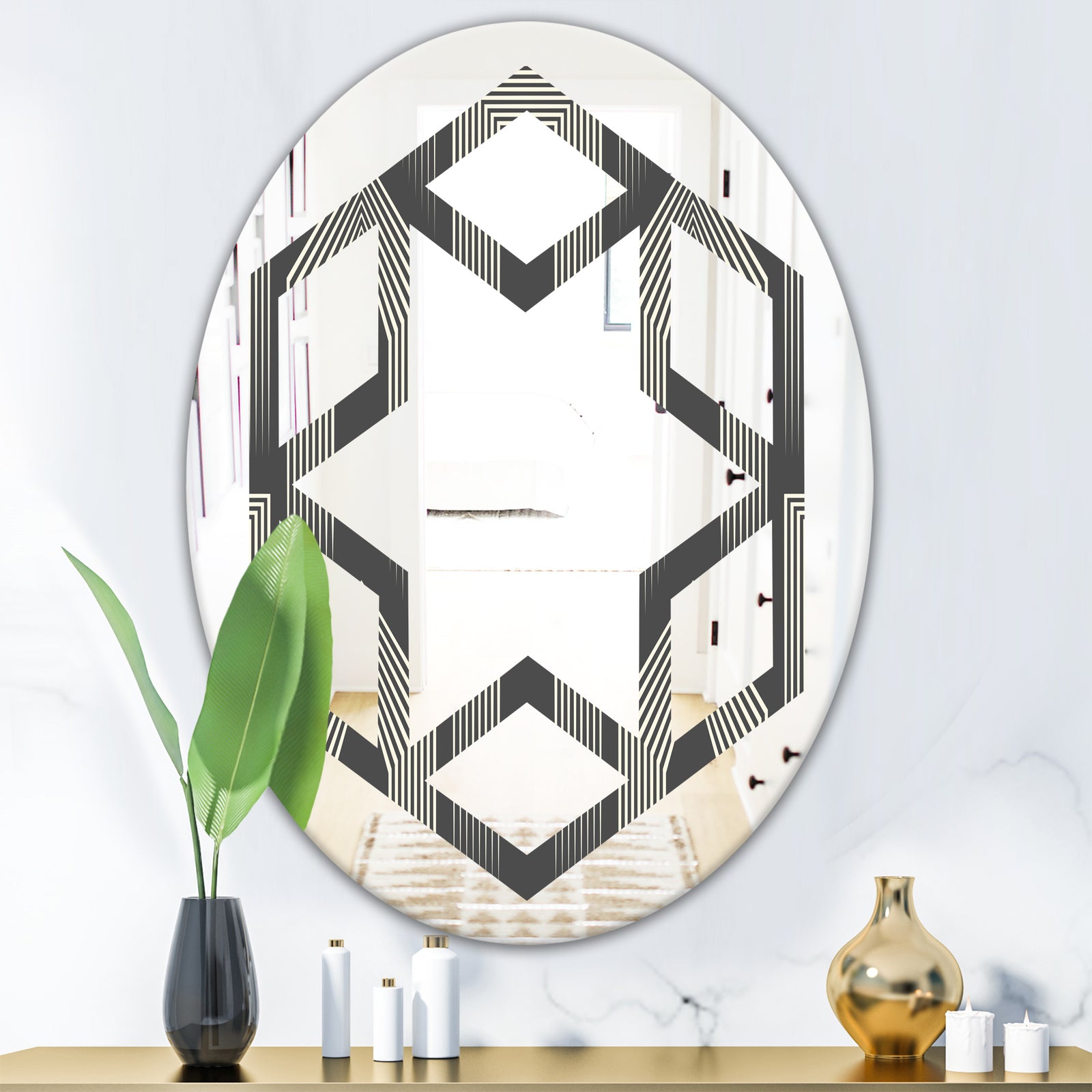 Mimimal Black and White Design III - Modern Round or Oval Wall Mirror - Hexagon Star