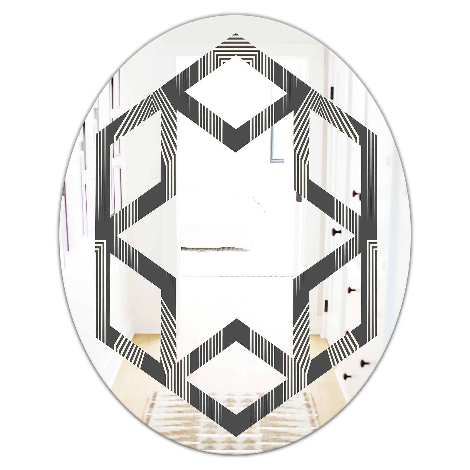 Mimimal Black and White Design III - Modern Round or Oval Wall Mirror - Hexagon Star