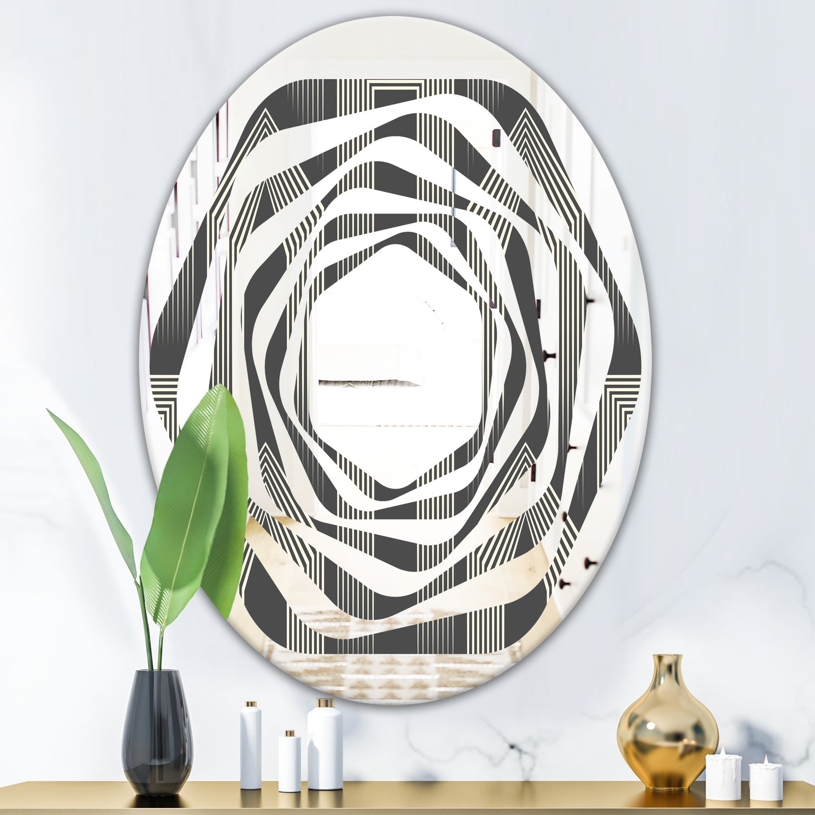 Mimimal Black and White Design III - Modern Round or Oval Wall Mirror - Whirl