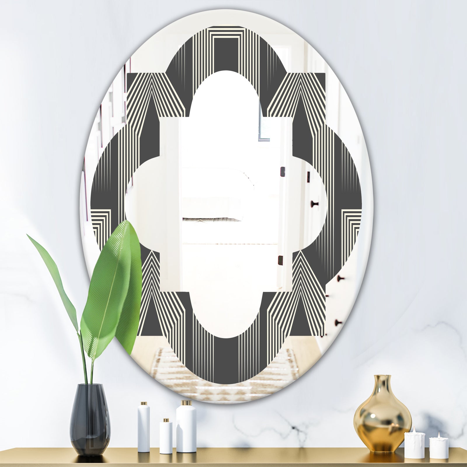 Mimimal Black and White Design III - Modern Round or Oval Wall Mirror - Quatrefoil