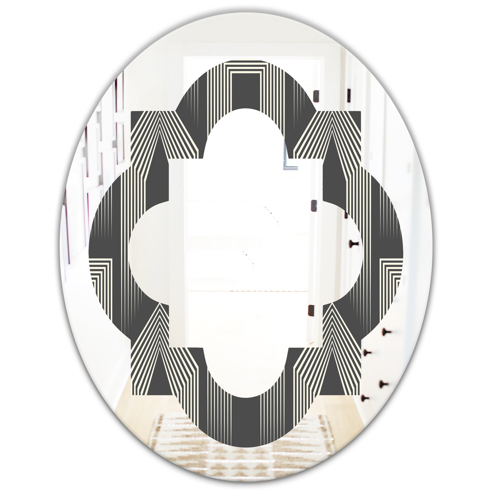 Mimimal Black and White Design III - Modern Round or Oval Wall Mirror - Quatrefoil