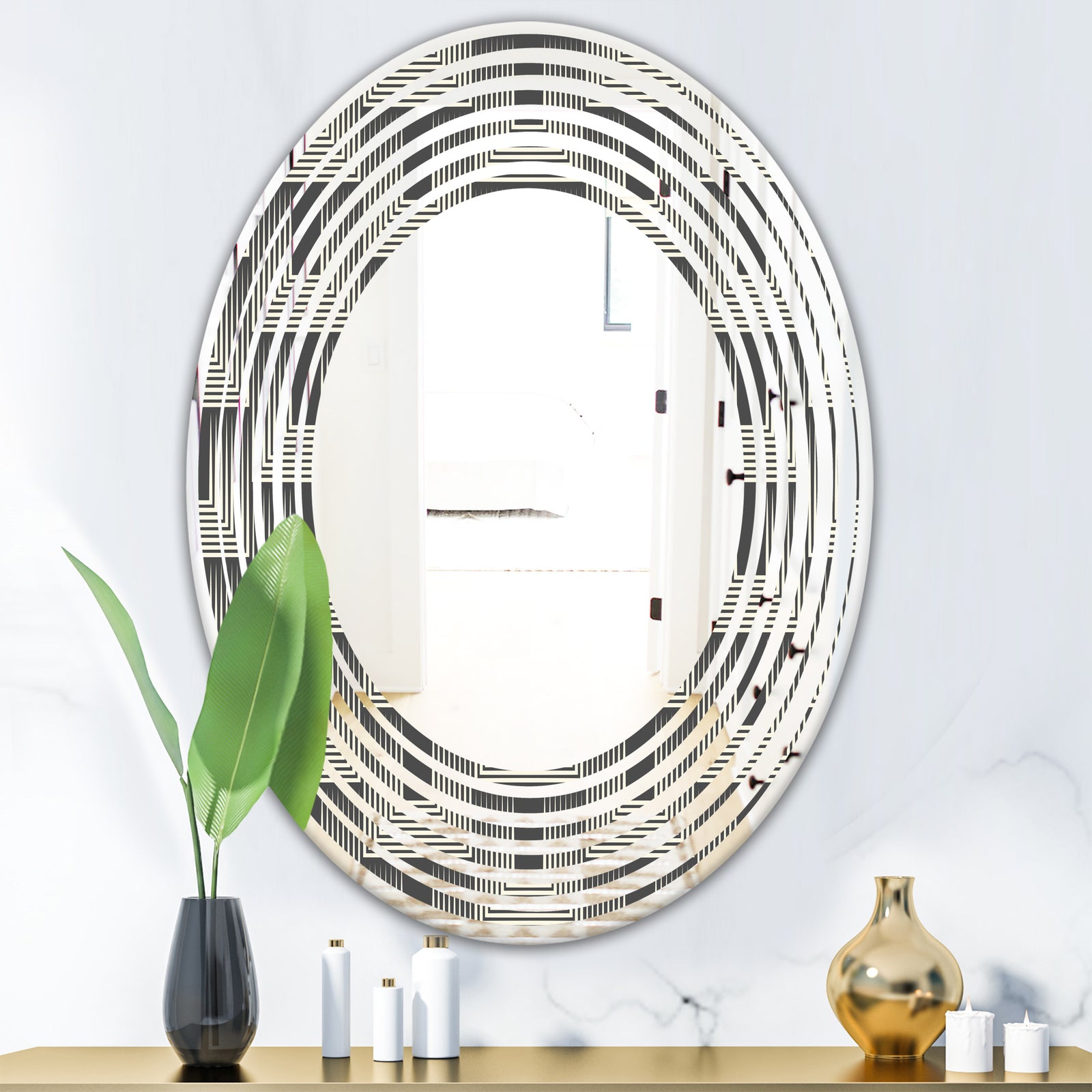 Mimimal Black and White Design I - Modern Round or Oval Wall Mirror - Wave
