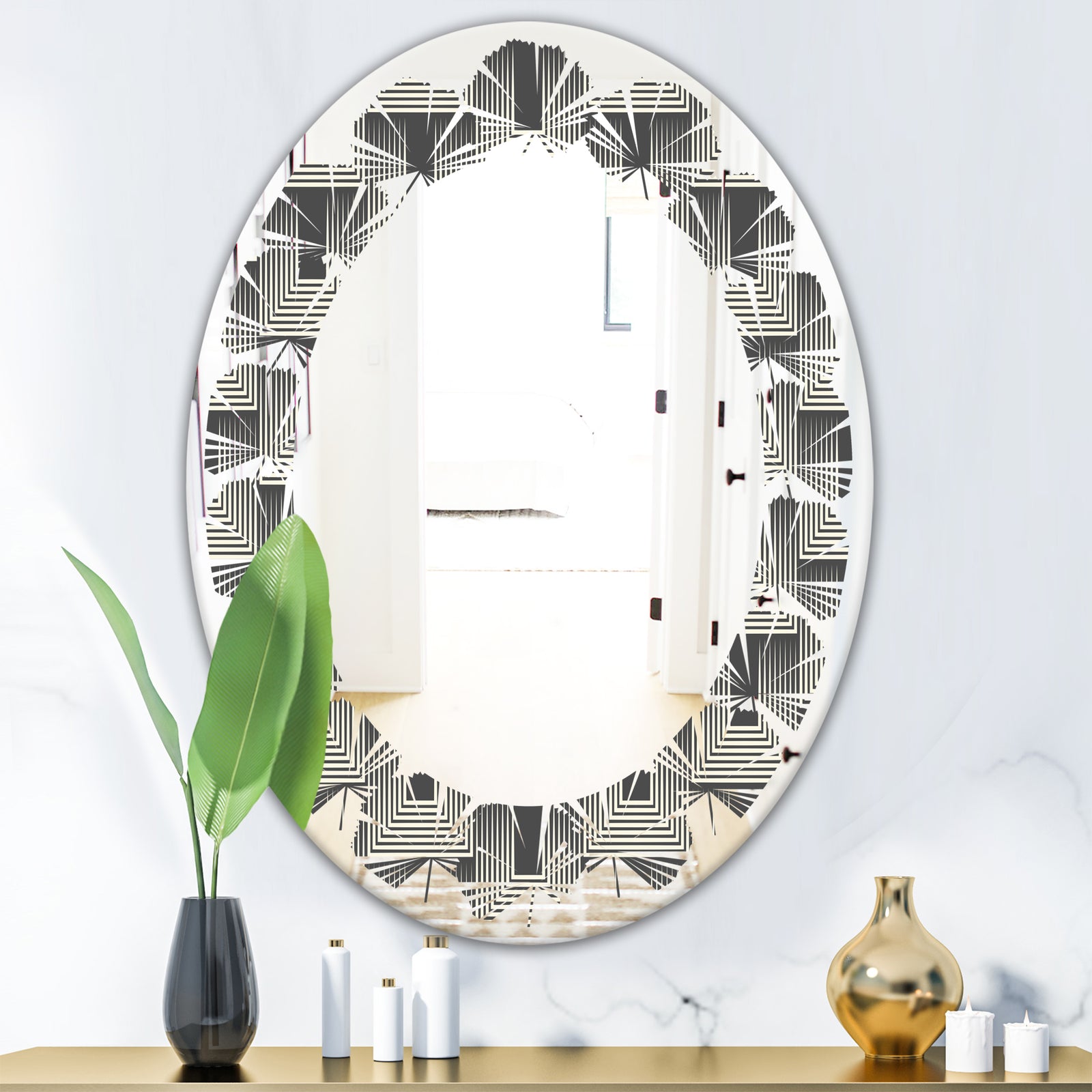 Mimimal Black and White Design I - Modern Round or Oval Wall Mirror - Leaves