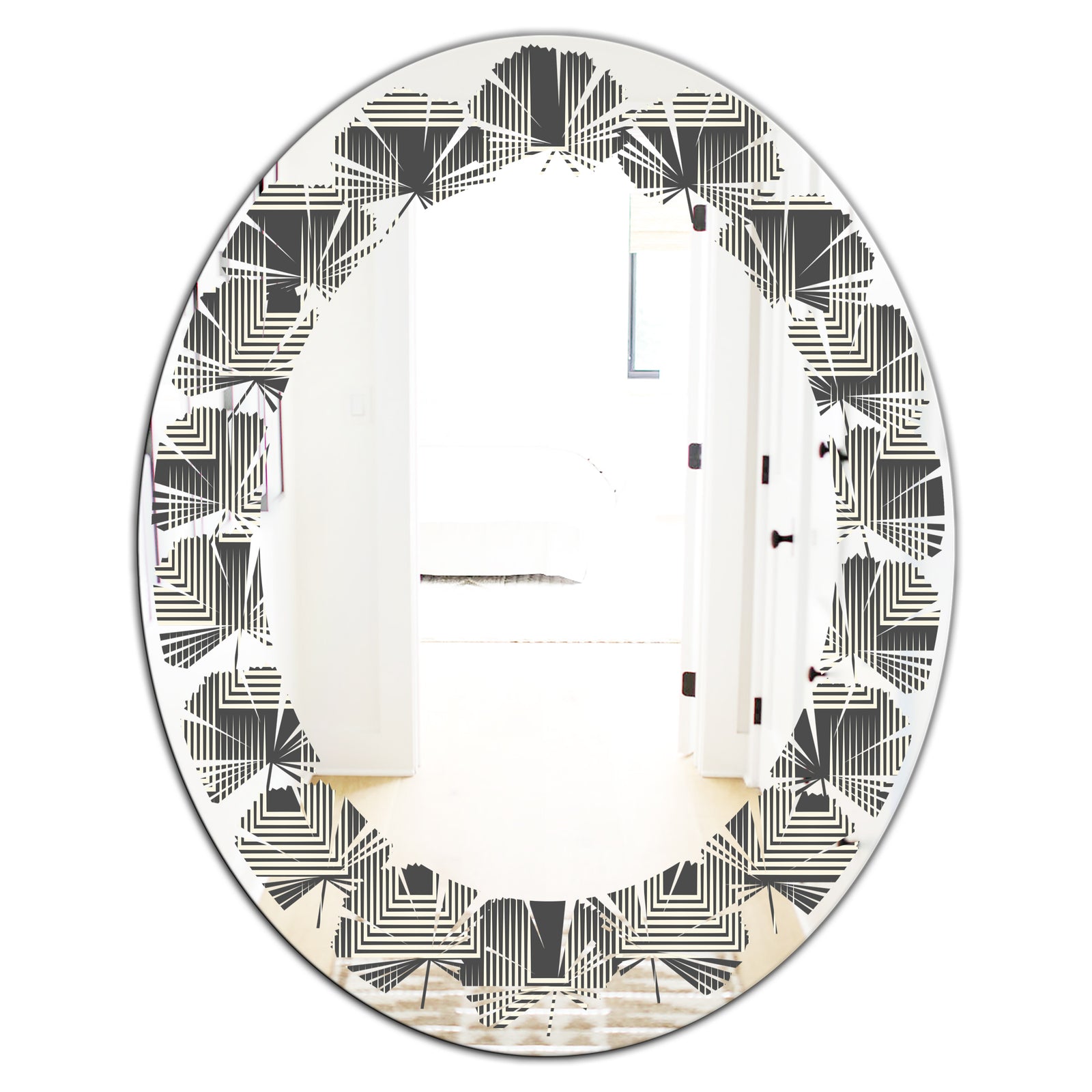Mimimal Black and White Design I - Modern Round or Oval Wall Mirror - Leaves