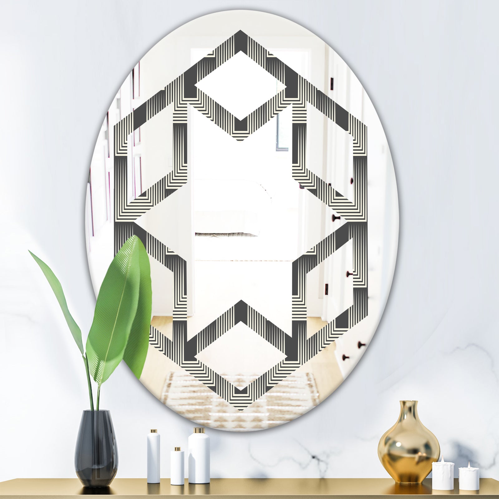 Mimimal Black and White Design I - Modern Round or Oval Wall Mirror - Hexagon Star