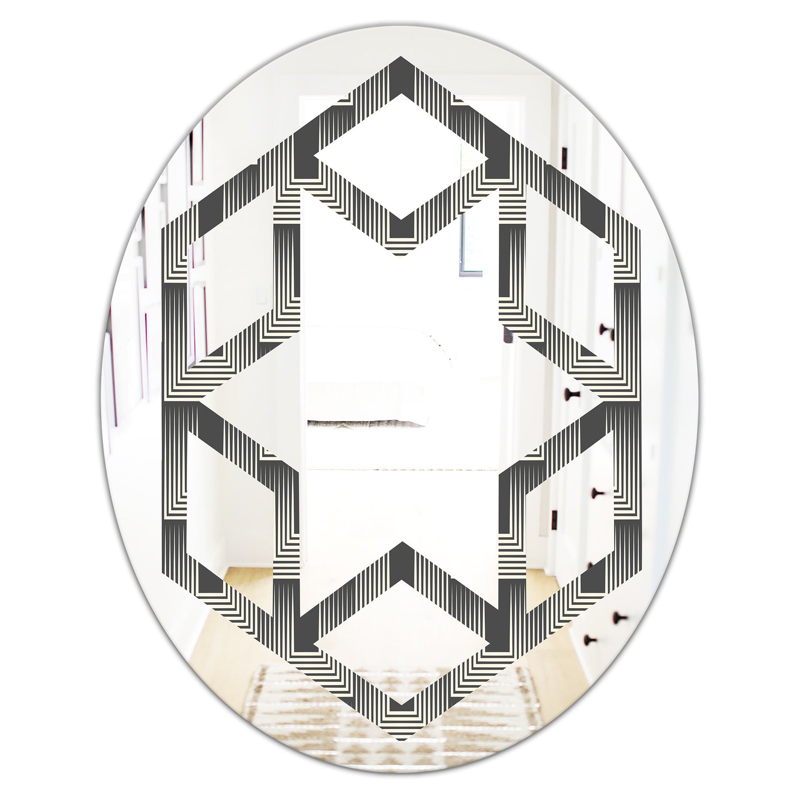 Mimimal Black and White Design I - Modern Round or Oval Wall Mirror - Hexagon Star