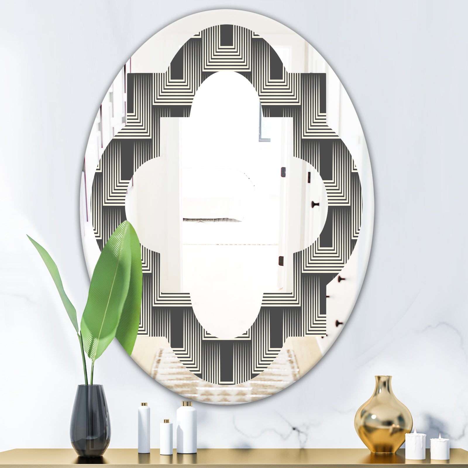 Mimimal Black and White Design I - Modern Round or Oval Wall Mirror - Quatrefoil