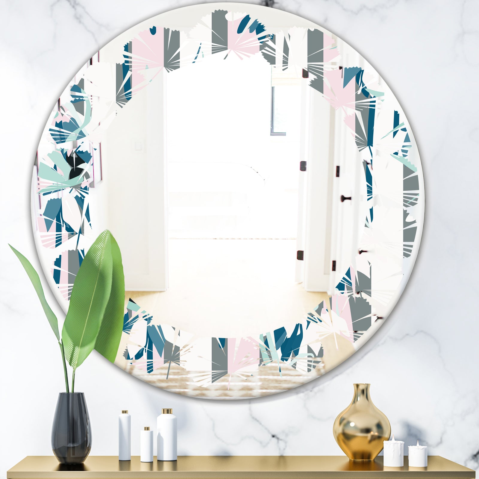 Retro Handdrawn Lilies - Modern Round or Oval Wall Mirror - Leaves