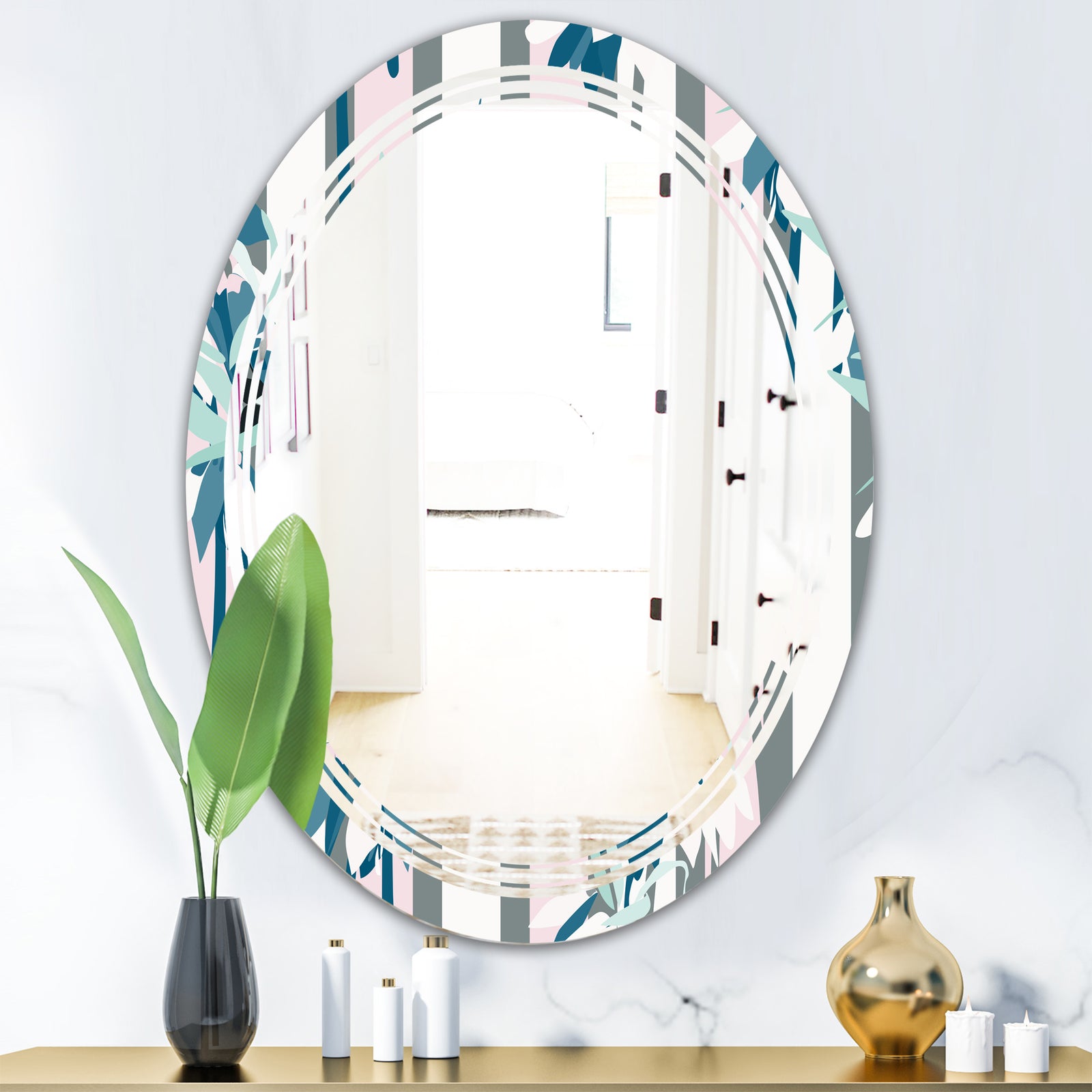 Retro Handdrawn Lilies - Modern Round or Oval Wall Mirror - Triple C