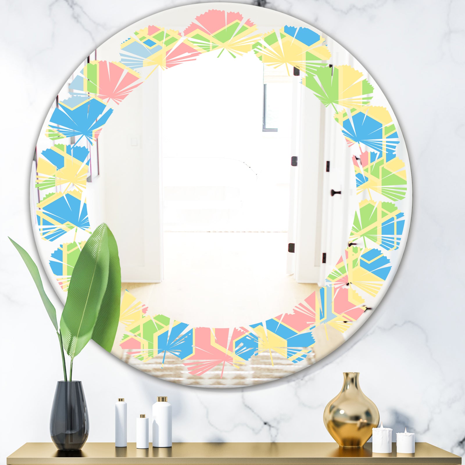 Geometrical Pastel Abstract II - Modern Round or Oval Wall Mirror - Leaves