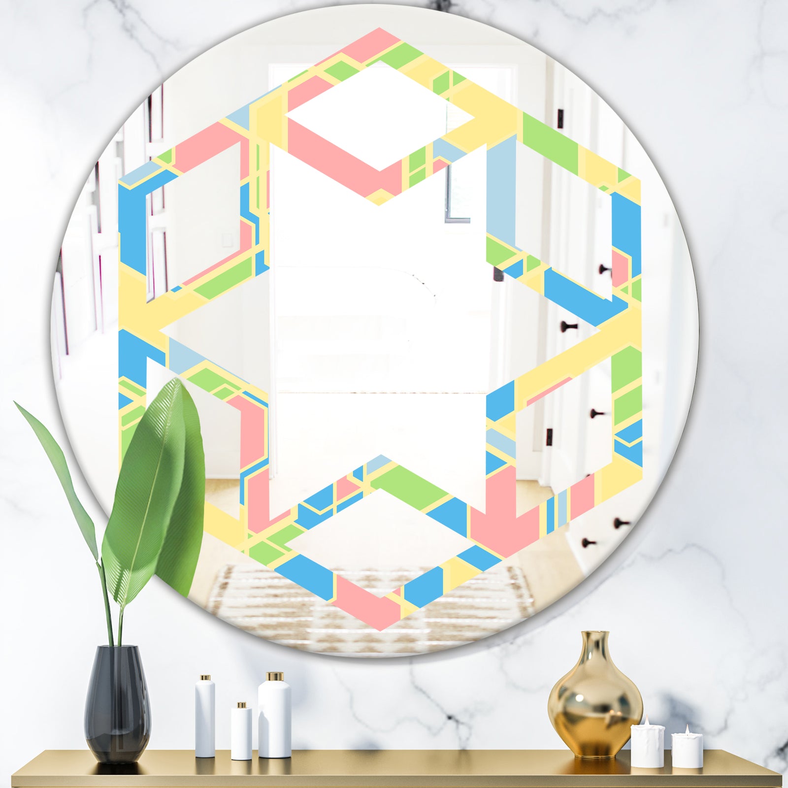 Geometrical Pastel Abstract II - Modern Round or Oval Wall Mirror - Hexagon Star
