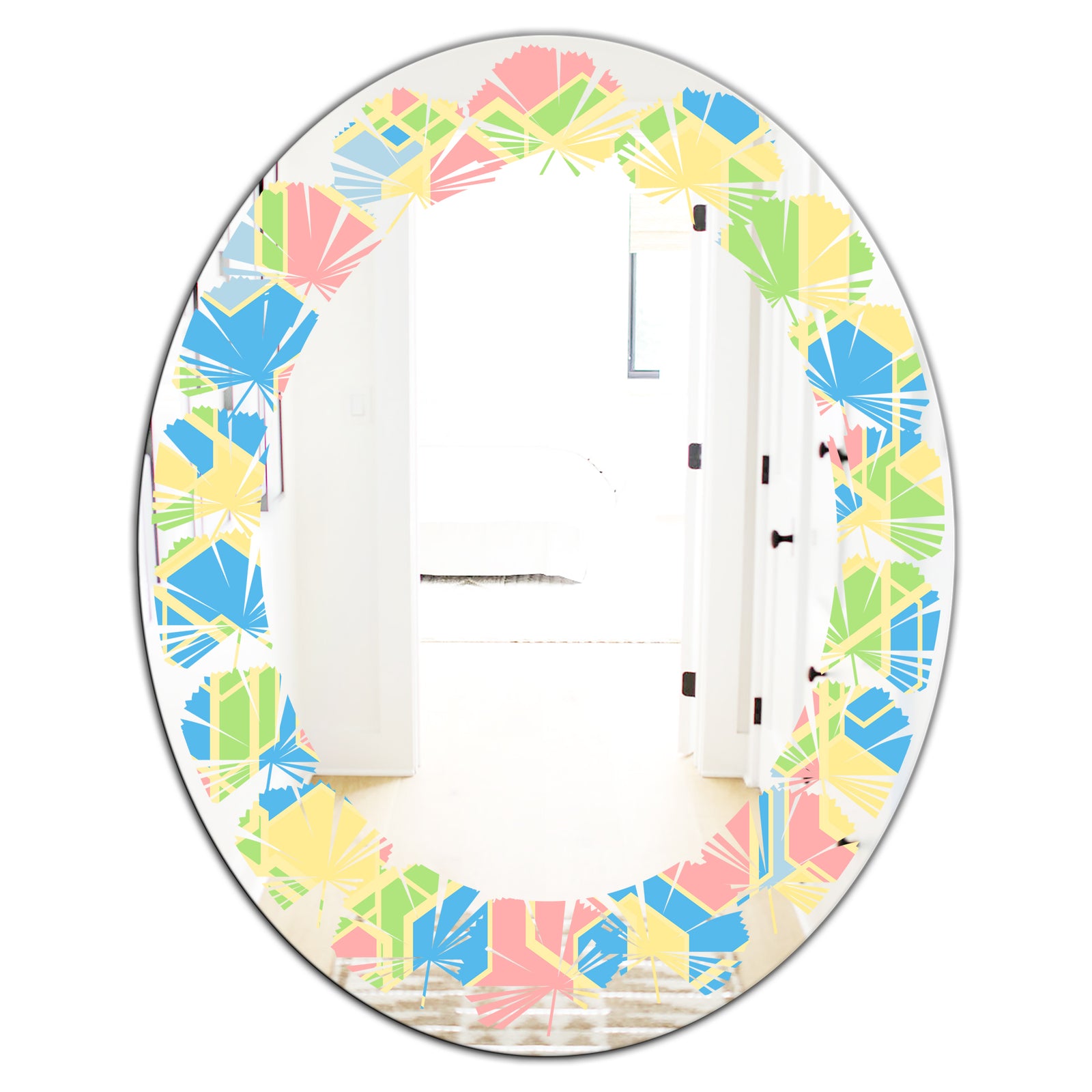 Geometrical Pastel Abstract II - Modern Round or Oval Wall Mirror - Leaves