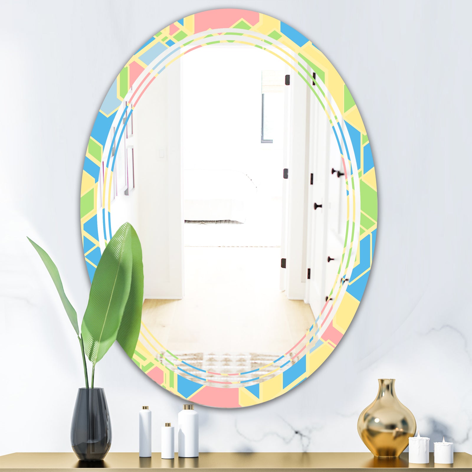 Geometrical Pastel Abstract II - Modern Round or Oval Wall Mirror - Triple C