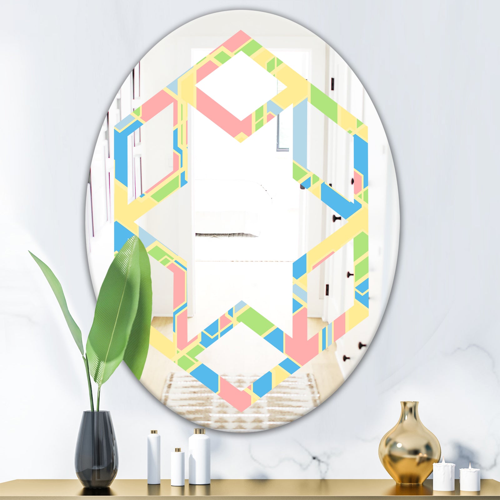 Geometrical Pastel Abstract II - Modern Round or Oval Wall Mirror - Hexagon Star