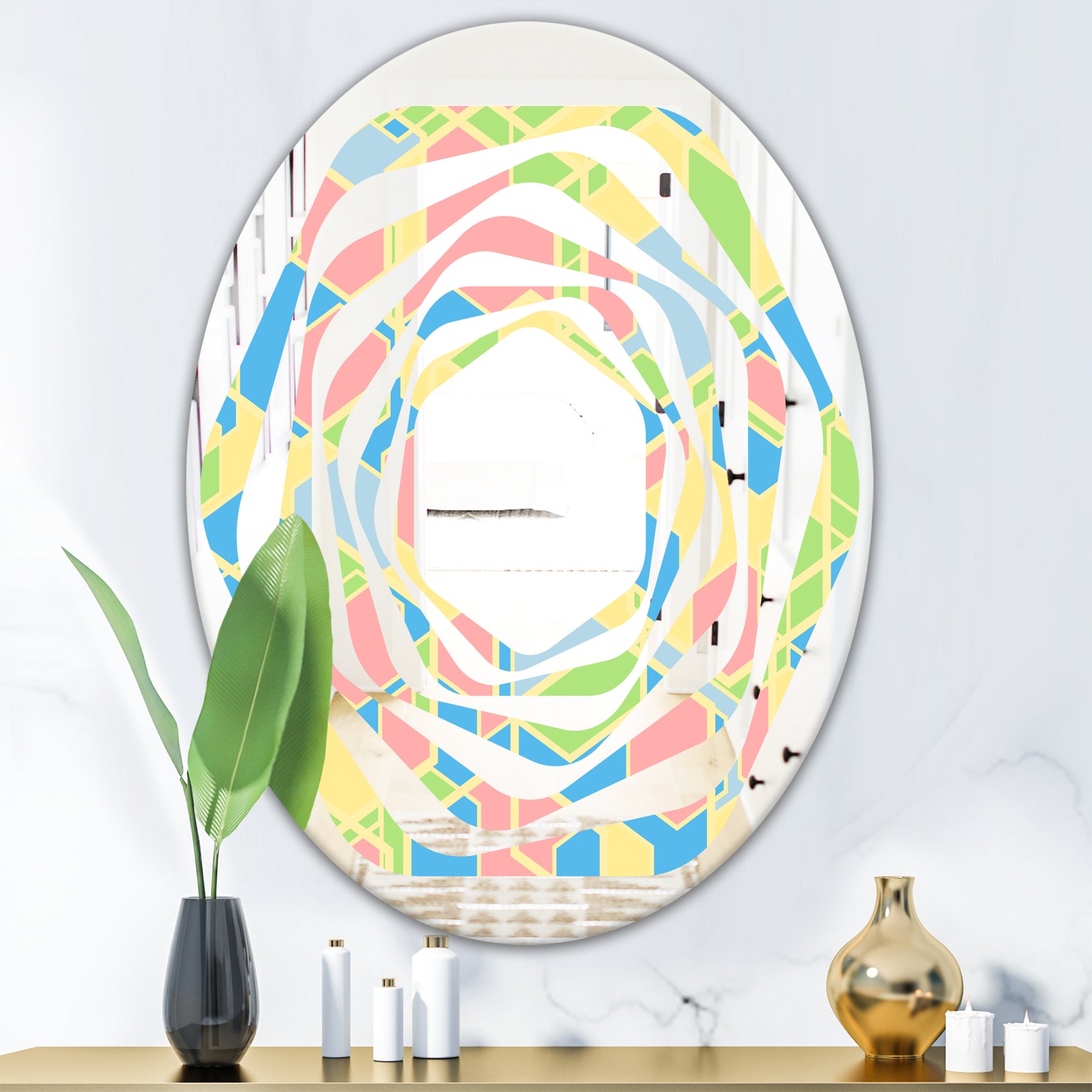 Geometrical Pastel Abstract II - Modern Round or Oval Wall Mirror - Whirl