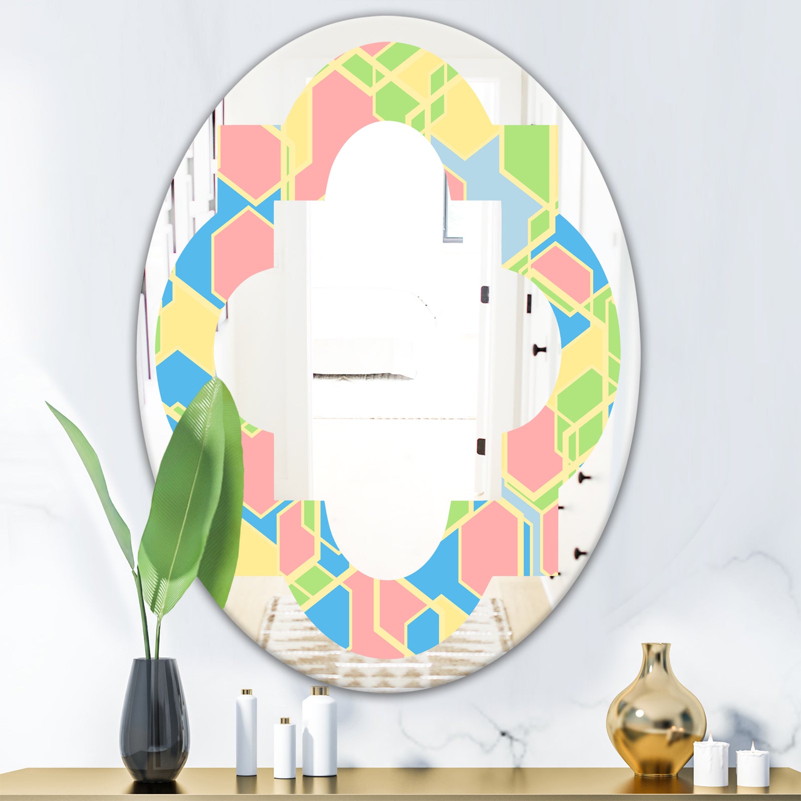 Geometrical Pastel Abstract II - Modern Round or Oval Wall Mirror - Quatrefoil