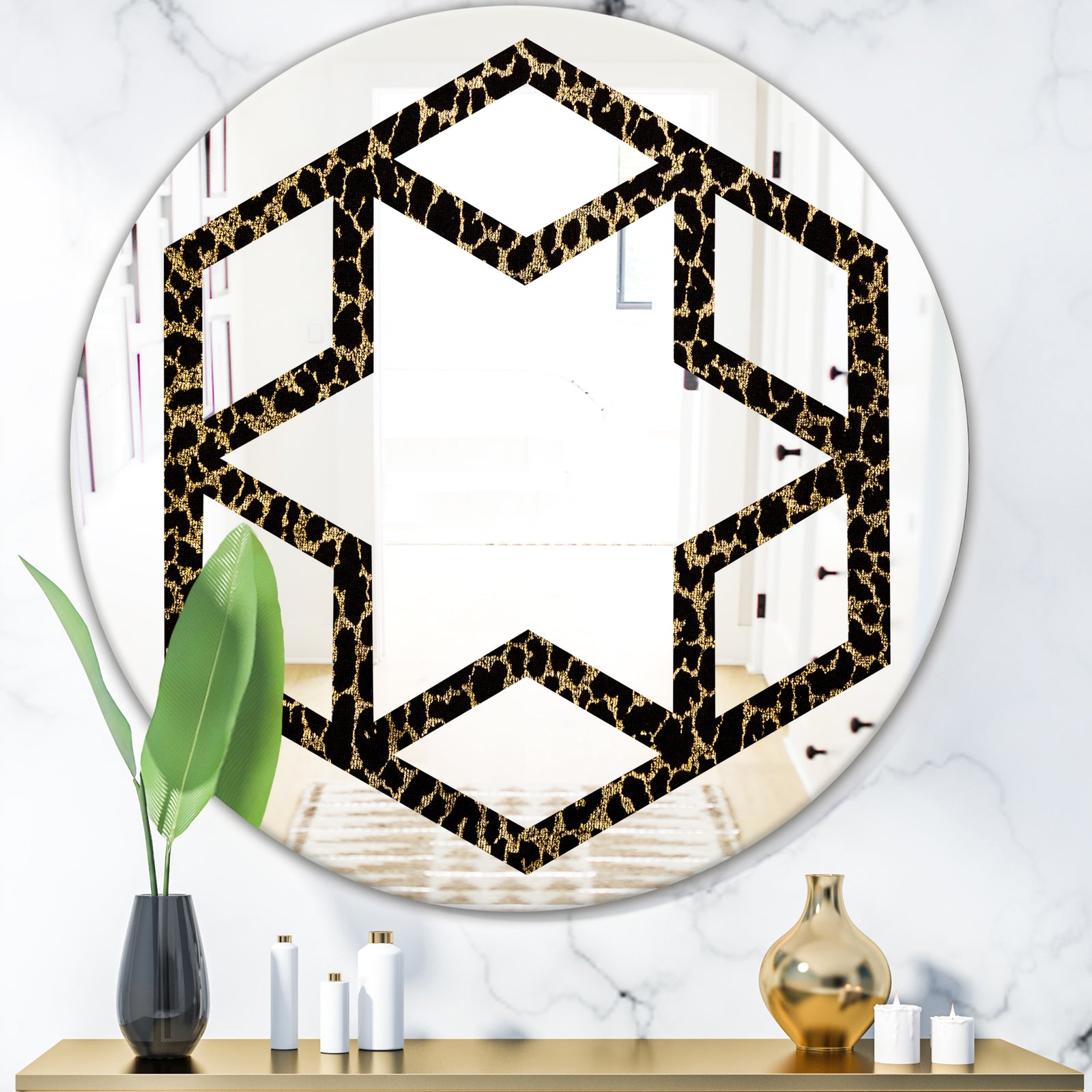 Leopard Fur Safari V - Modern Round or Oval Wall Mirror - Hexagon Star