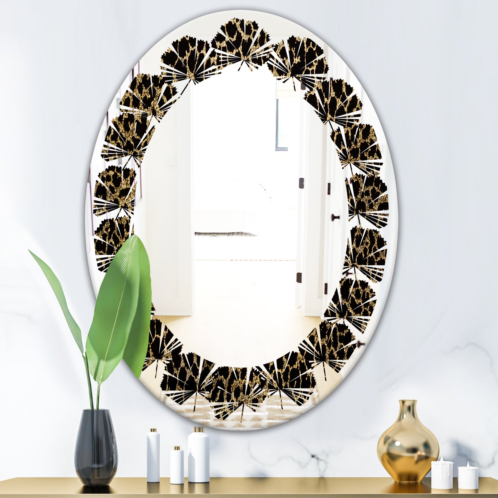Leopard Fur Safari V - Modern Round or Oval Wall Mirror - Leaves